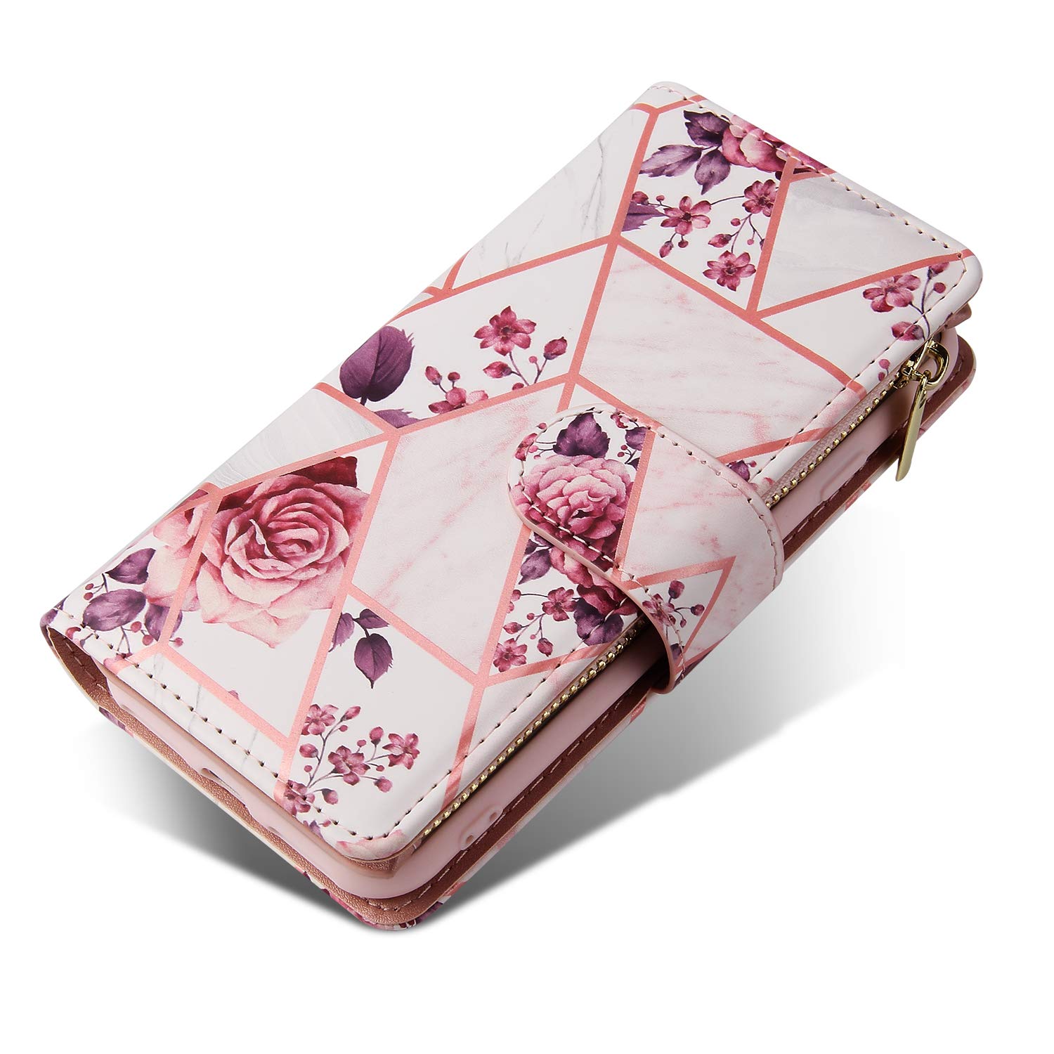 UEEBAI Premium PU Leather Wallet Case for iPhone SE 2022 5G/iPhone 7/iPhone 8/iPhone SE 2020/SE3/SE2 - Magnetic Closure, Zipper Cover, Kickstand & Card Slots (Pink Flower) | Perfect for Daily Use, Travel & Hands-Free Viewing
