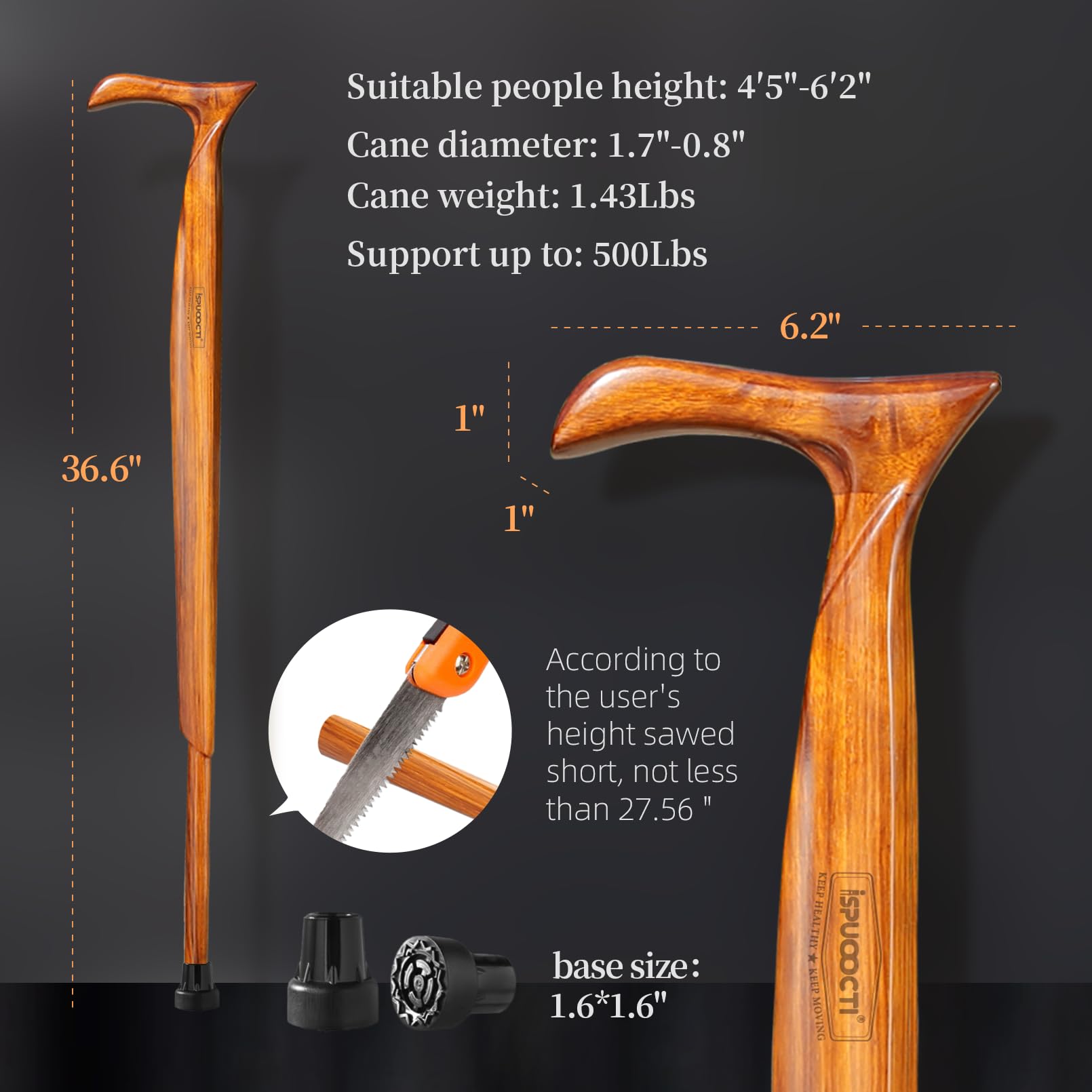 Premium Wooden Walking Cane for Men & Women - Natural Solid Wood Cane with 3 Rubber Tips | Heavy Duty Walking Stick for Seniors | Ergonomic Design with Travel Bag | Perfect for Hiking, Travel & Daily Support
