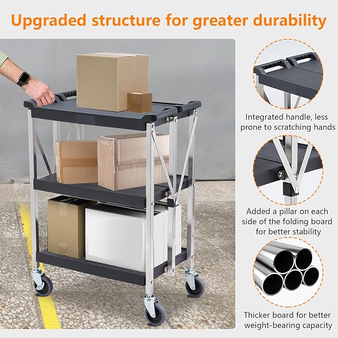 GARVEE 3-Tier Foldable Utility Cart with Locking Wheels - Heavy Duty 330Lbs Capacity Rolling Service Cart for Home, Office, Warehouse - Perfect for Storage, Organization & Mobile Workstations