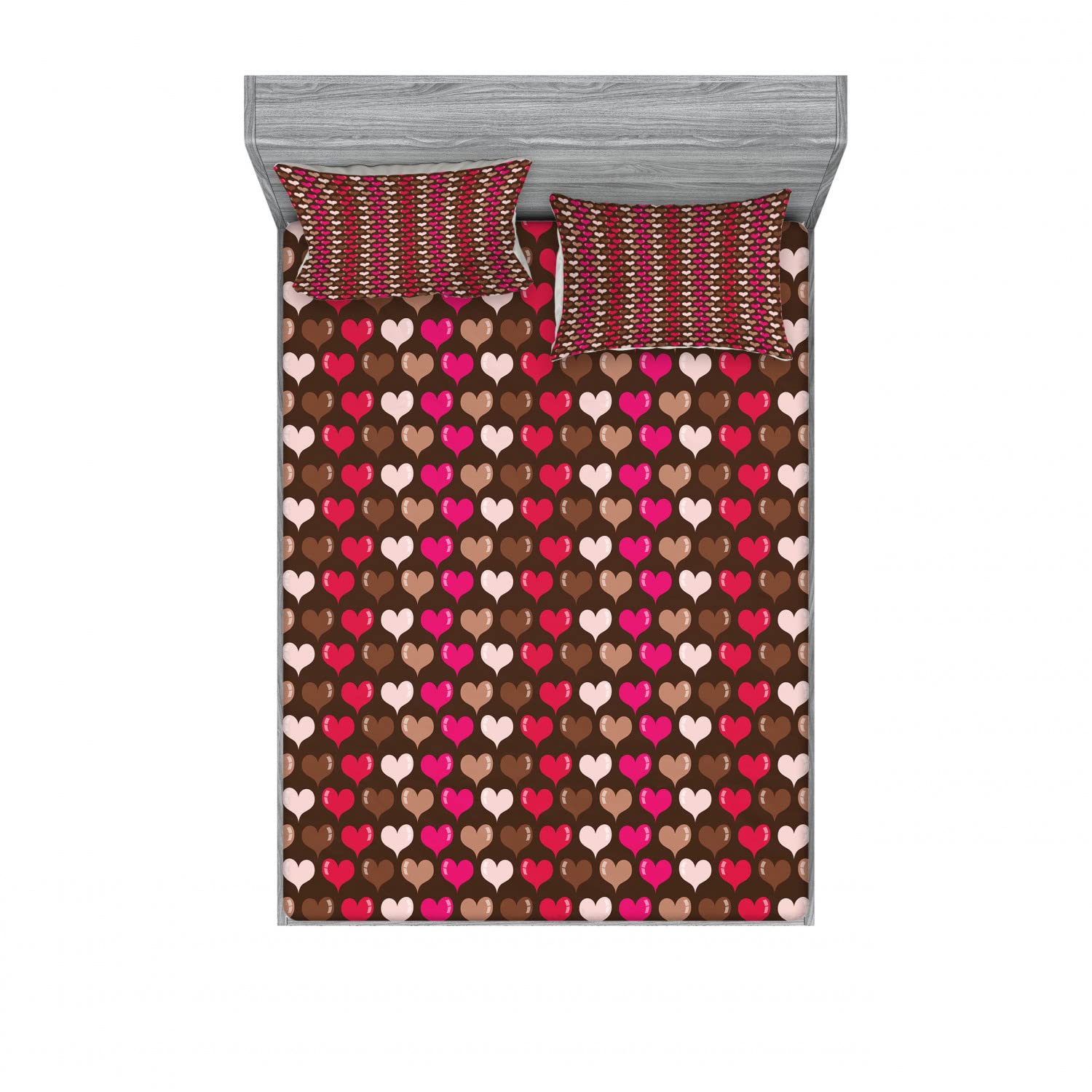 Ambesonne Valentine 2-Piece Queen Size Bedding Set - 2 Fitted Sheets & 4 Pillow Shams, Romantic Heart Print in Brown & Fuchsia for Couples Bedroom Decor | Perfect for Valentine's Day, Anniversary Gifts & Romantic Home Decor