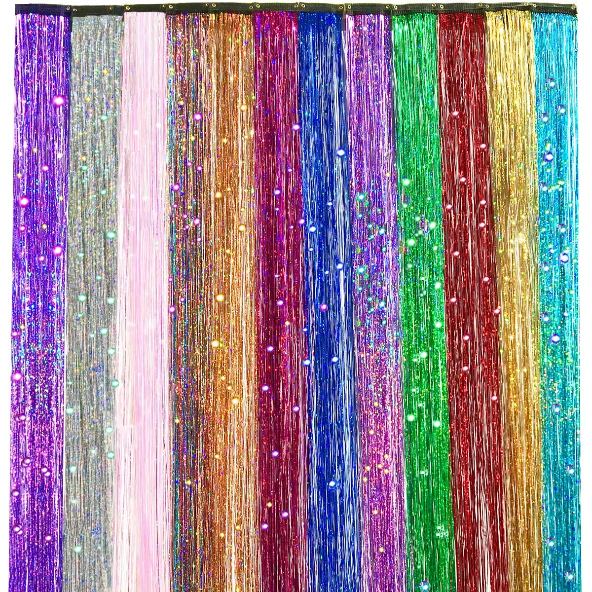 Clip In Hair Tinsel Extensions - 12 Vibrant Colors, 24 Inch Length, 3600 Strands | Heat Resistant & Safe Glitter Hair Accessories for Parties, Festivals & Cosplay