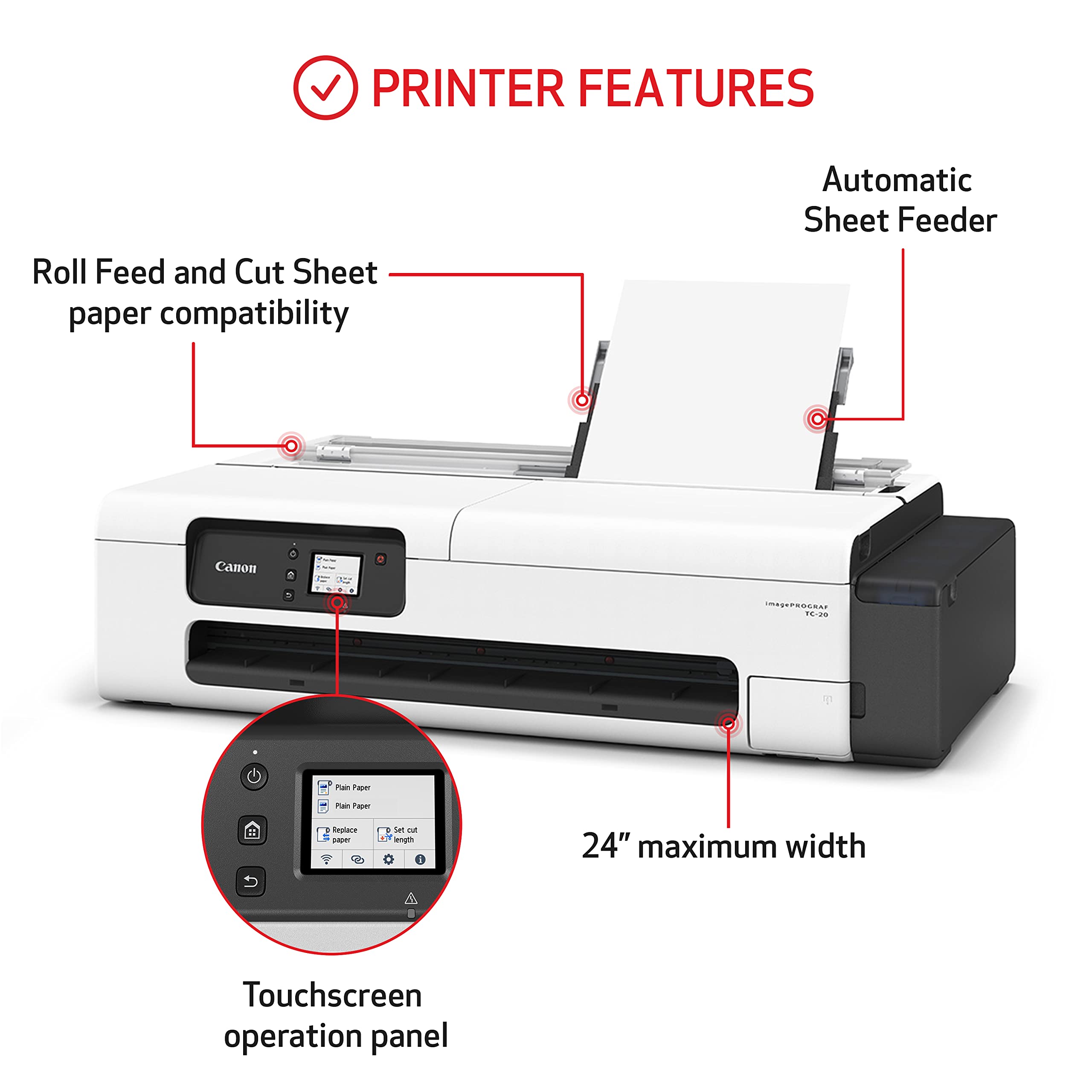Canon imagePROGRAF TC-20 Large Format Printer | 24-Inch Poster & Plotter Printer with Auto Roll Feeder, USB, WiFi, LAN - Perfect for Architectural Blueprints, Engineering Drawings & Office Presentations