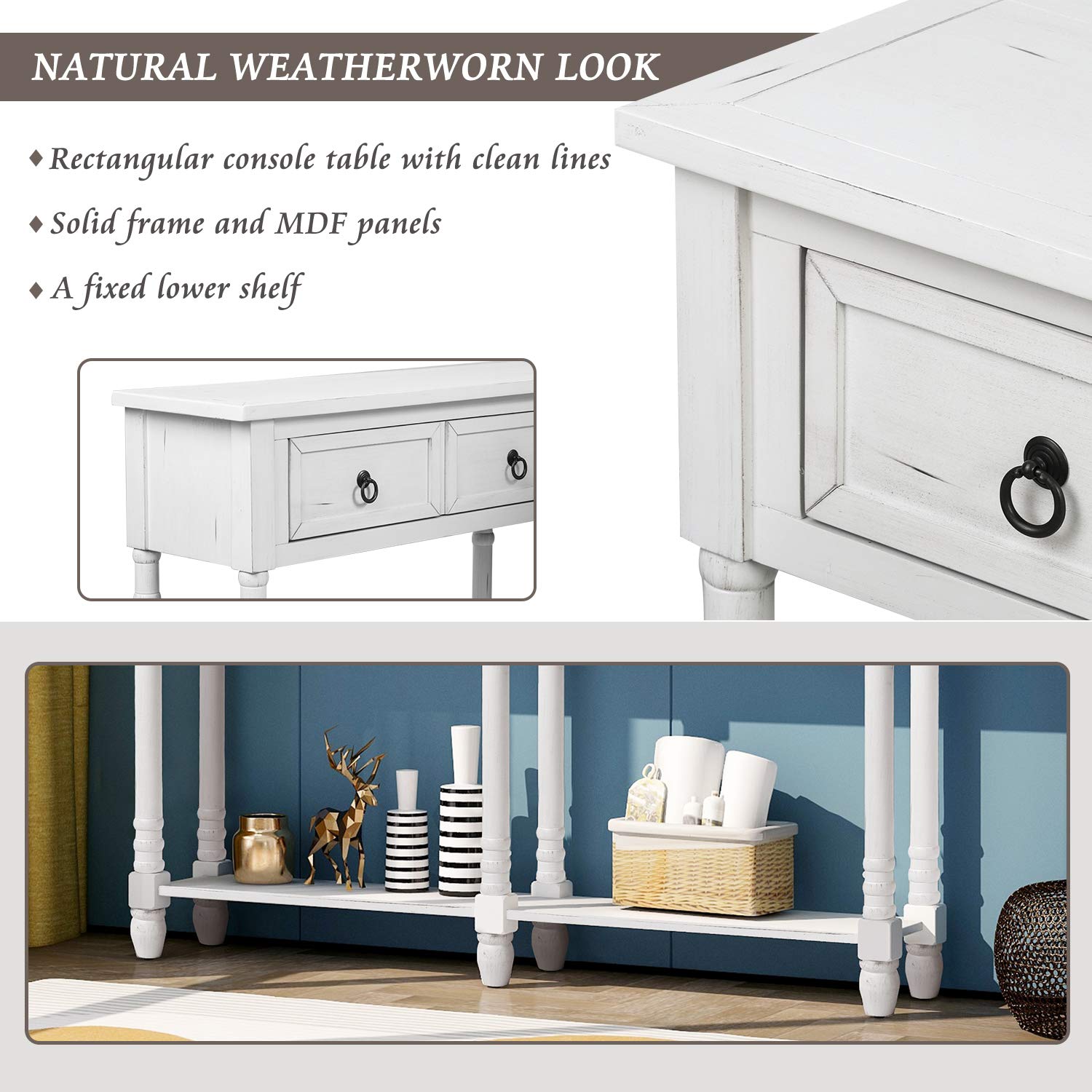 Solid Wood Console Table with Storage Drawers & Shelf - Antique White Sofa Table for Entryway, Living Room, Hallway - Perfect for Home Decor, Organizing Keys & Mail, Displaying Decor Items