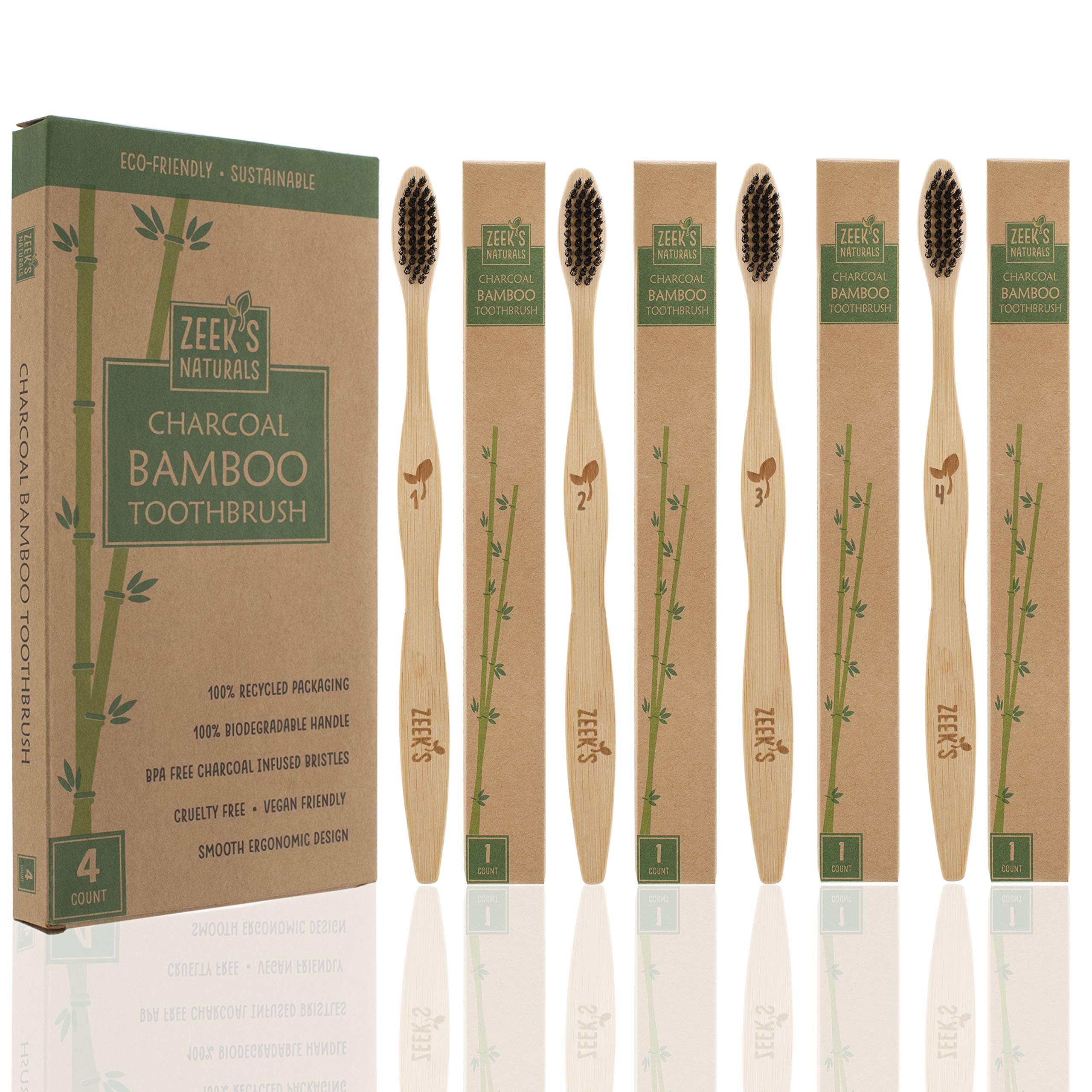 Eco-Friendly Natural Bamboo Charcoal Toothbrushes with Activated Charcoal Bristles - 4 Pack Numbered Set - Biodegradable & Sustainable for Travel, Home & Zero Waste Lifestyle