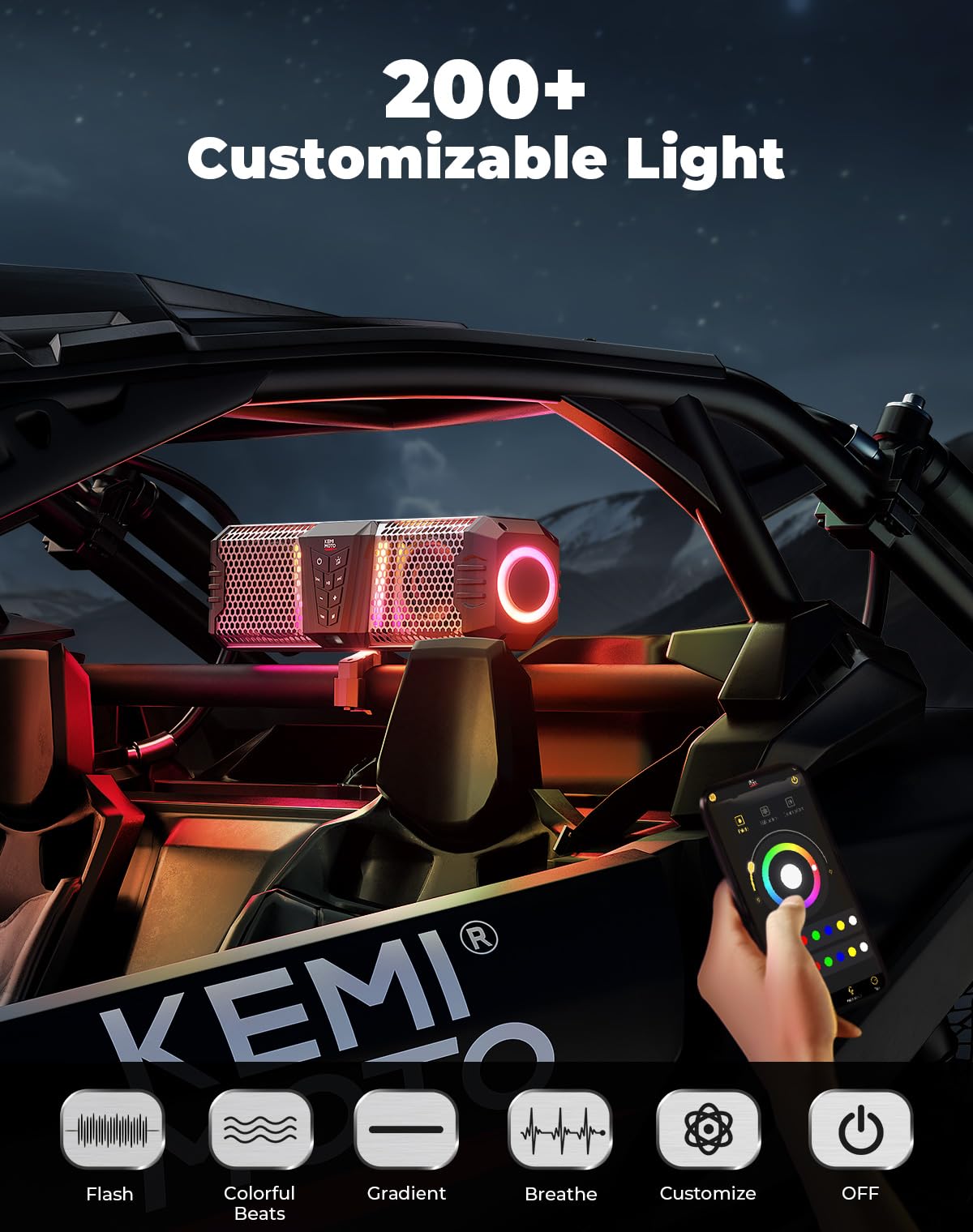 KEMIMOTO Midnight S40 16-inch Waterproof IP66 UTV Sound Bar with Multicolor LED Lights | Wireless Bluetooth Speaker for UTV, Golf Cart, Marine Boat | Fits 1''-2'' Roll Bars | Perfect for Off-Road Adventures, Beach Parties & Outdoor Entertainment