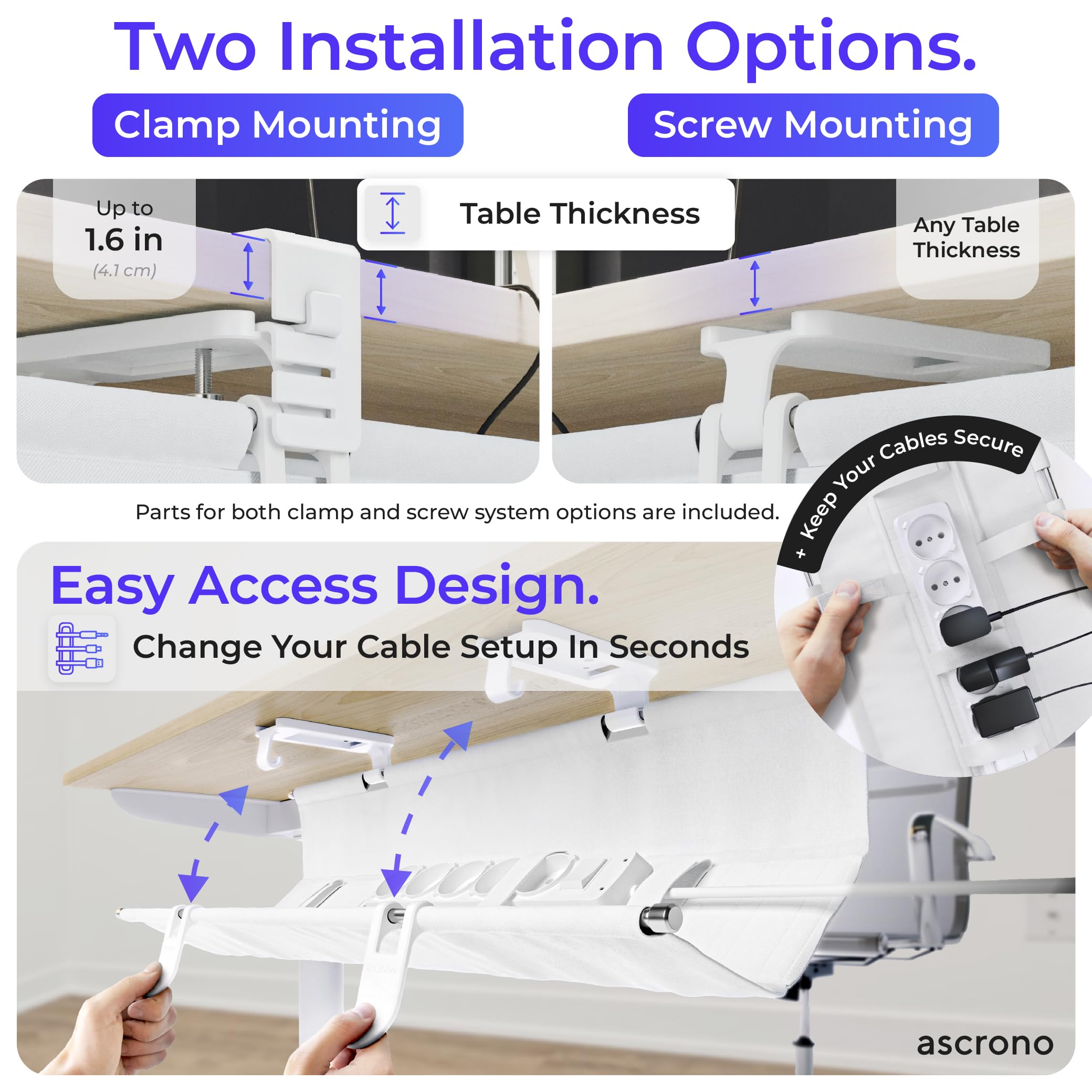 Premium No-Drill Under Desk Cable Management Tray 14.1
