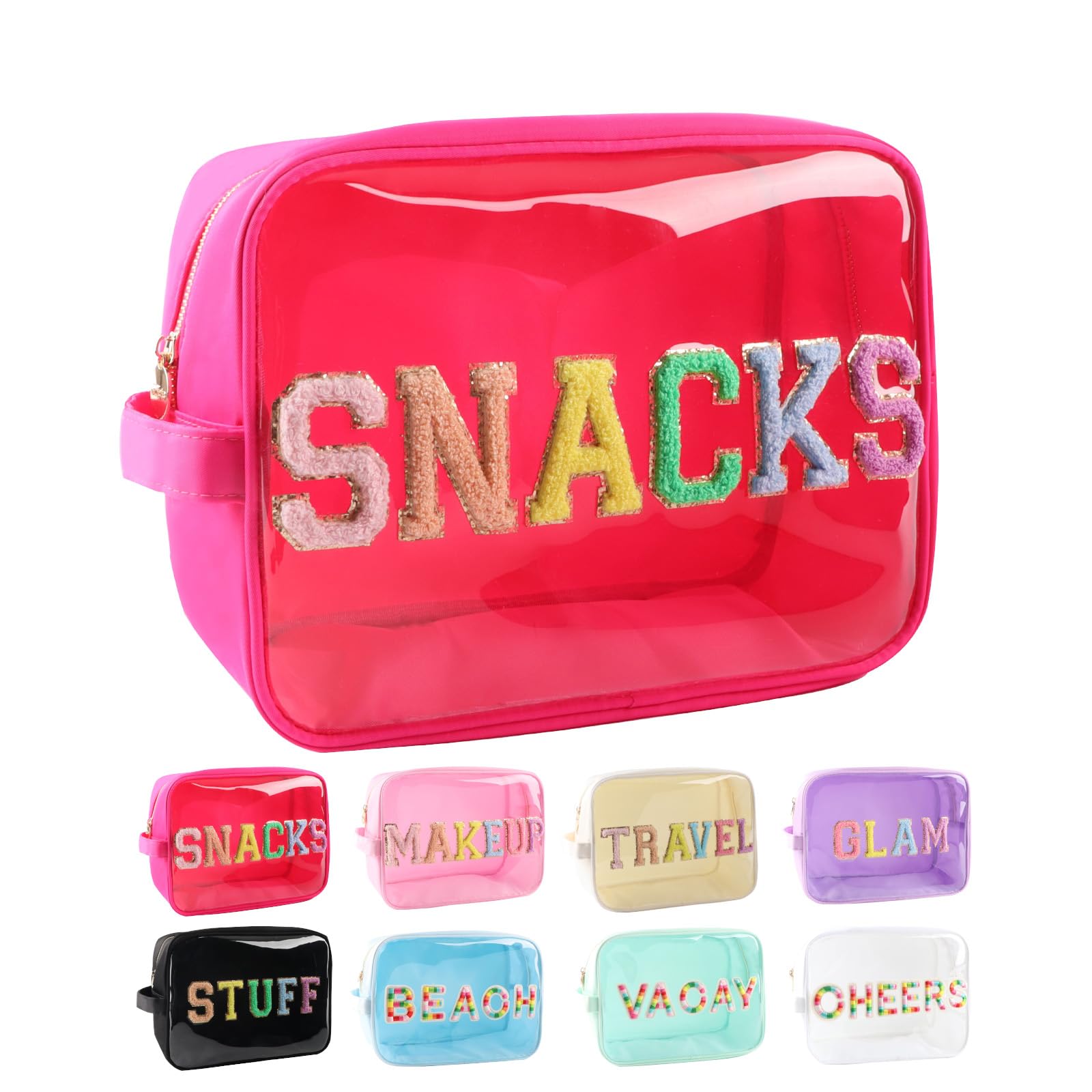 Large Clear Glitter Snack Bags - Reusable TPU & Nylon Snack Pouches for Travel, School & Work - Preppy Transparent Food Storage Bags for Women & Kids (Hot Pink) - Perfect for Lunch, Snacks, Candy & On-the-Go Organization
