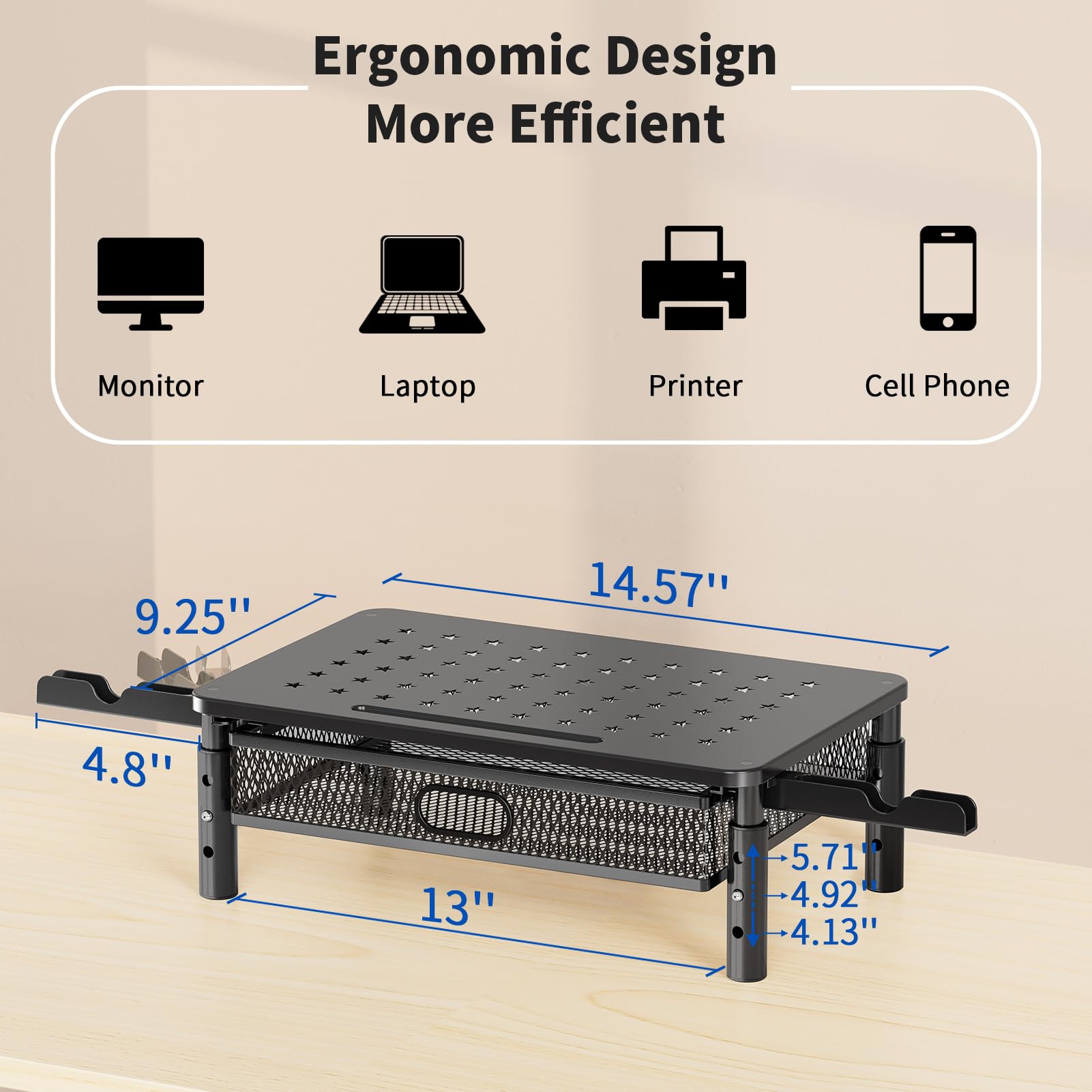 Zimilar Adjustable Monitor Stand Riser with Metal Mesh Drawer & Phone Holder - Ergonomic Computer Monitor Stand for Laptop, Printer, Notebook - Perfect for Home Office, Gaming Setup & Workspace Organization