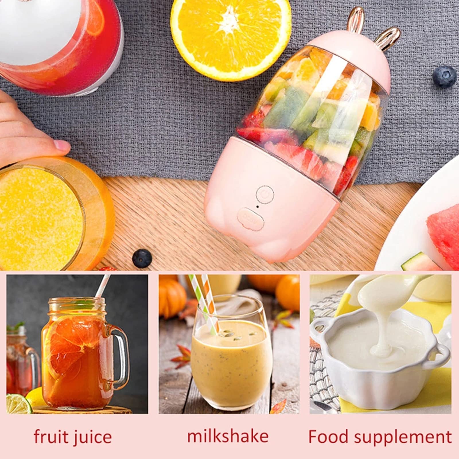 330ml Portable USB Rechargeable Blender - Rabbit Design Fruit Juice Mixer Cup for Smoothies, Shakes & Healthy Drinks | Perfect for Home, Office & Travel | Blue