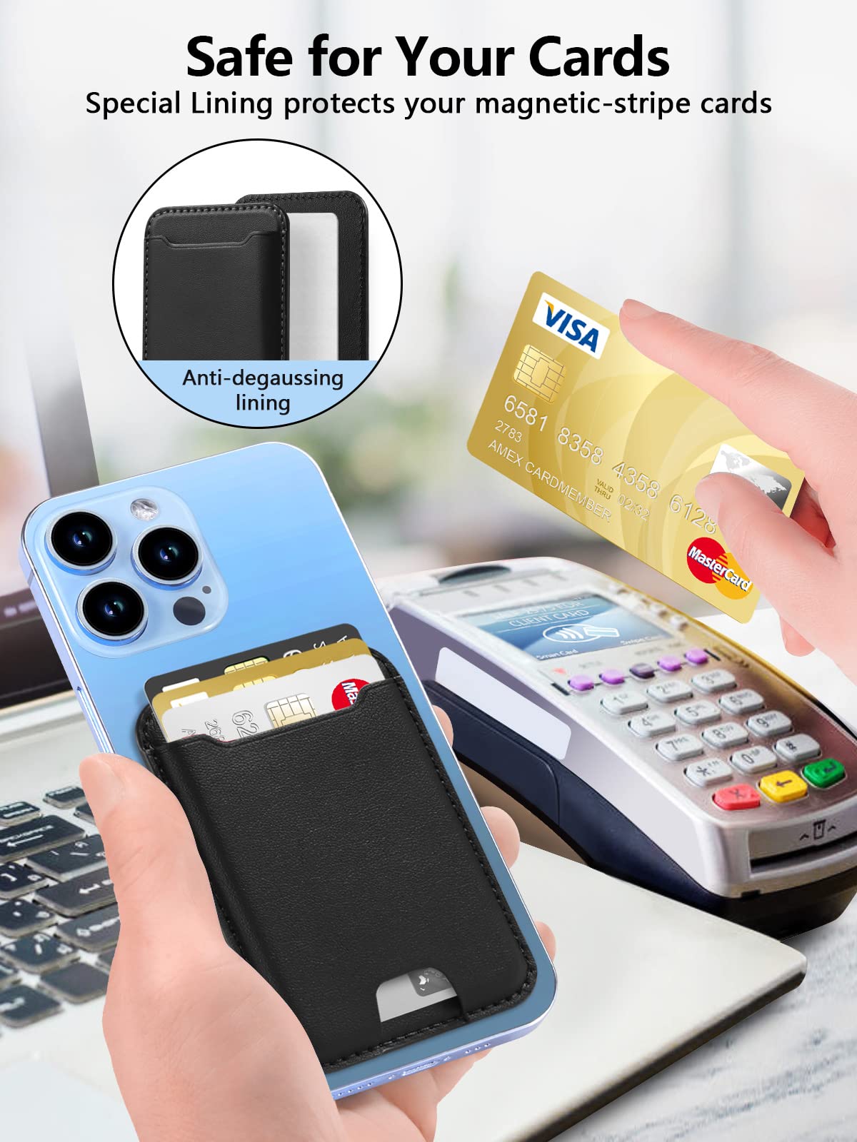 Premium Leather Magsafe Wallet for iPhone 16/16 Pro/15/14/13/12 - Slim Magnetic Card Holder with Strong Magnet & RFID Blocking (Holds 4 Cards, Black) - Perfect for Daily Commute, Travel & Contactless Payments