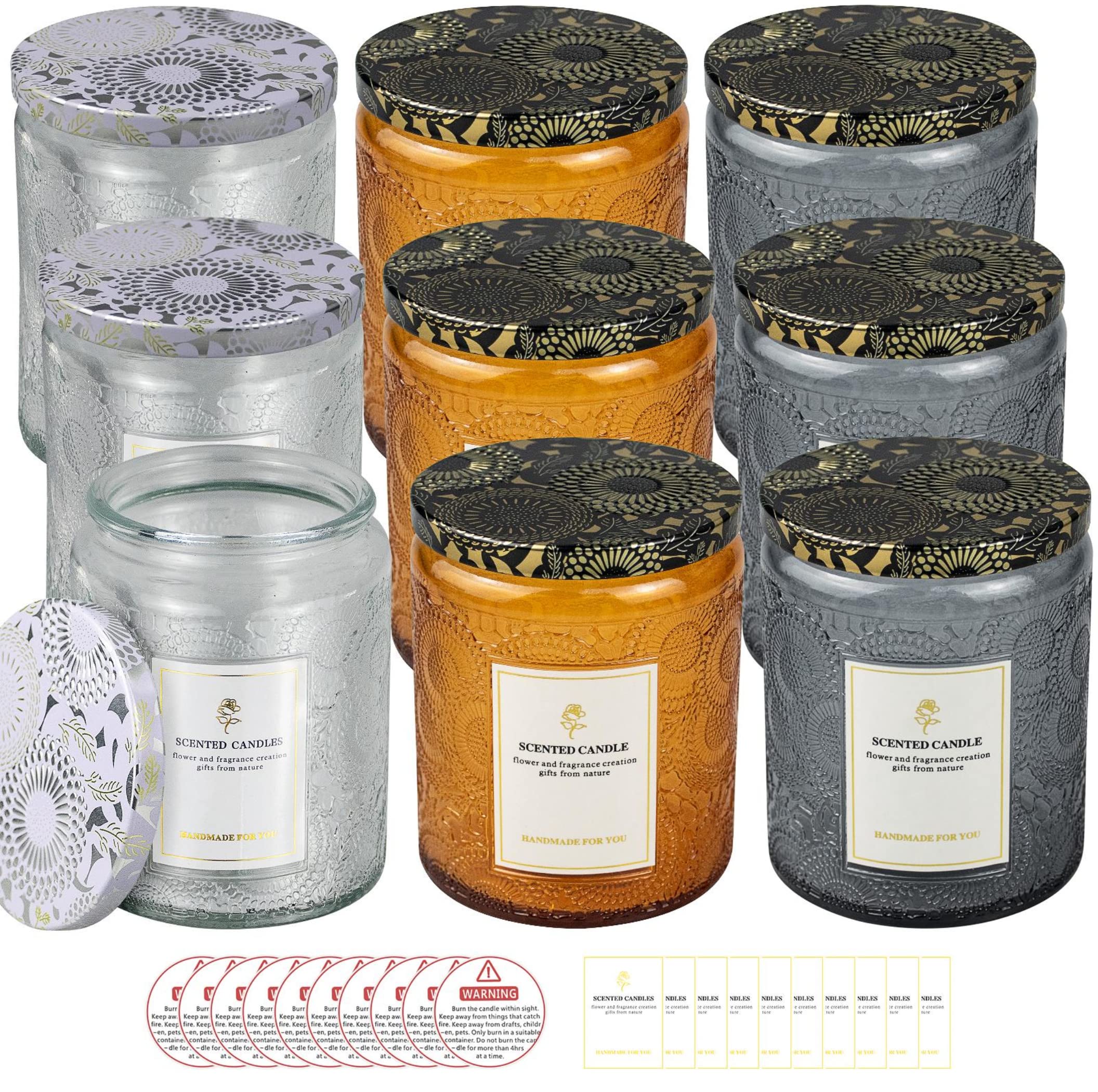 8.8OZ 9 Pack Embossed Glass Candle Jars with Tin Lids - DIY Candle Making Supplies with Warning Labels & Stickers - Perfect for Home Decor, Wedding Favors, and Craft Projects (Assorted Designs)
