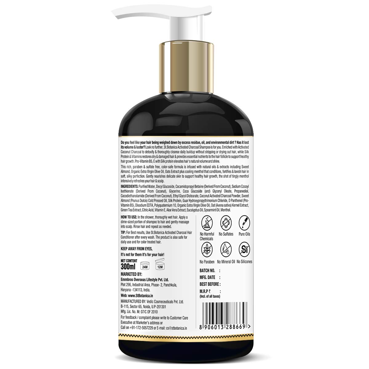 StBotanica Activated Charcoal Shampoo for Detox & Scalp Care - 300ml Sulfate-Free, Paraben-Free with Organic Olive Oil, Almond Oil & Vitamin E - Refreshing Menthol Formula with Silk Protein - Perfect for Oily Hair & Dandruff Control