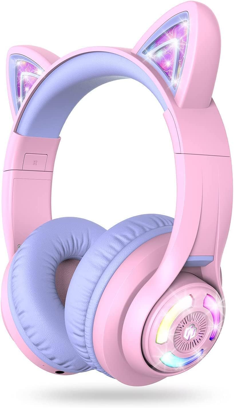iClever Cat Ear Kids Bluetooth Headphones with LED Lights - 50H Playtime, Bluetooth 5.2, USB-C, 74/85dBA Safe Volume Limited - Wireless Over-Ear Headphones for Girls & Boys (Meow Macaron-Bright Purple) - Perfect for School, Travel & Gaming