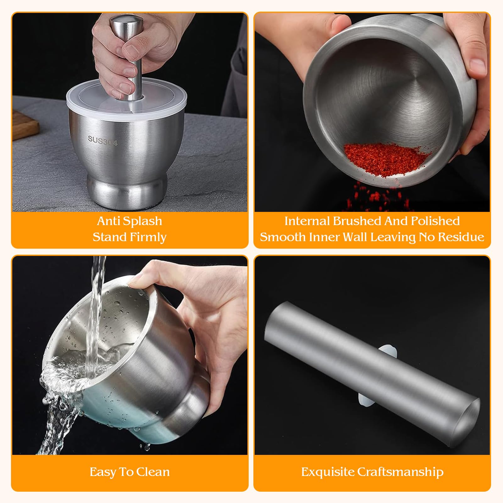 Premium Stainless Steel Mortar and Pestle Set – Heavy Duty Spice Grinder for Herbs, Pills, and Fine Powder | Perfect for Guacamole, Pesto, and Seasoning | Kitchen & Apothecary Essential with Lid