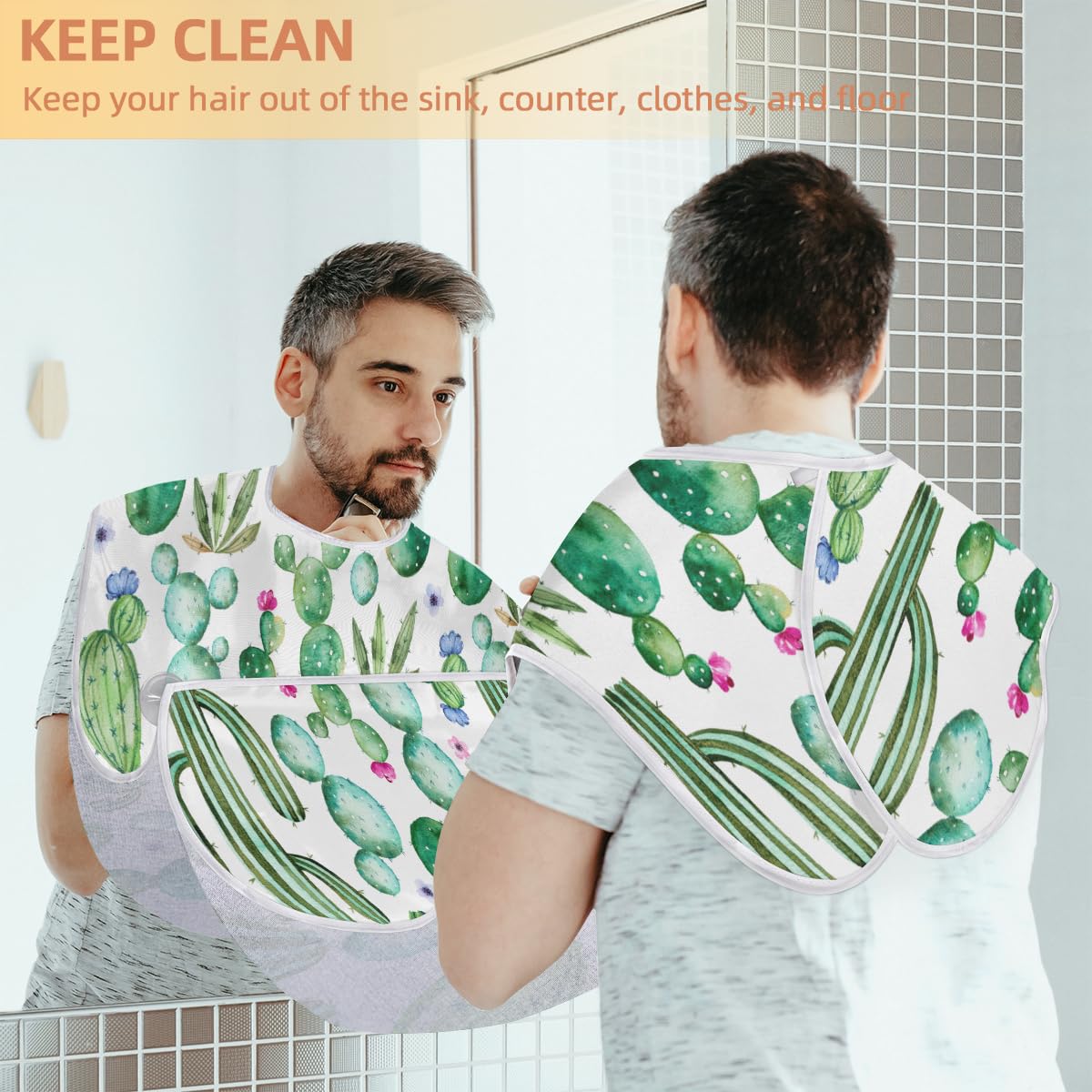 Waterproof Beard Bib for Men - Non-Stick Shaving Apron with Suction Cups | Cactus Purple Floral Design | Hair Catcher for Grooming, Shaving & Trimming | Perfect Gift for Husband, Dad, Boyfriend | Home & Salon Use
