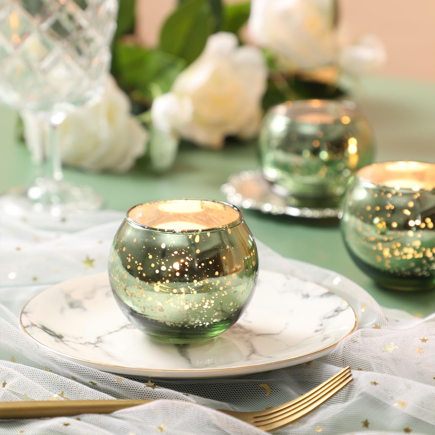 24-Pack Green Speckled Mercury Gold Glass Votive Candle Holders - Bulk Wedding Centerpiece Decor, Valentine's Day Party Supplies & Home Decor Accessories - Perfect for Table Settings, Romantic Dinners, and Holiday Celebrations