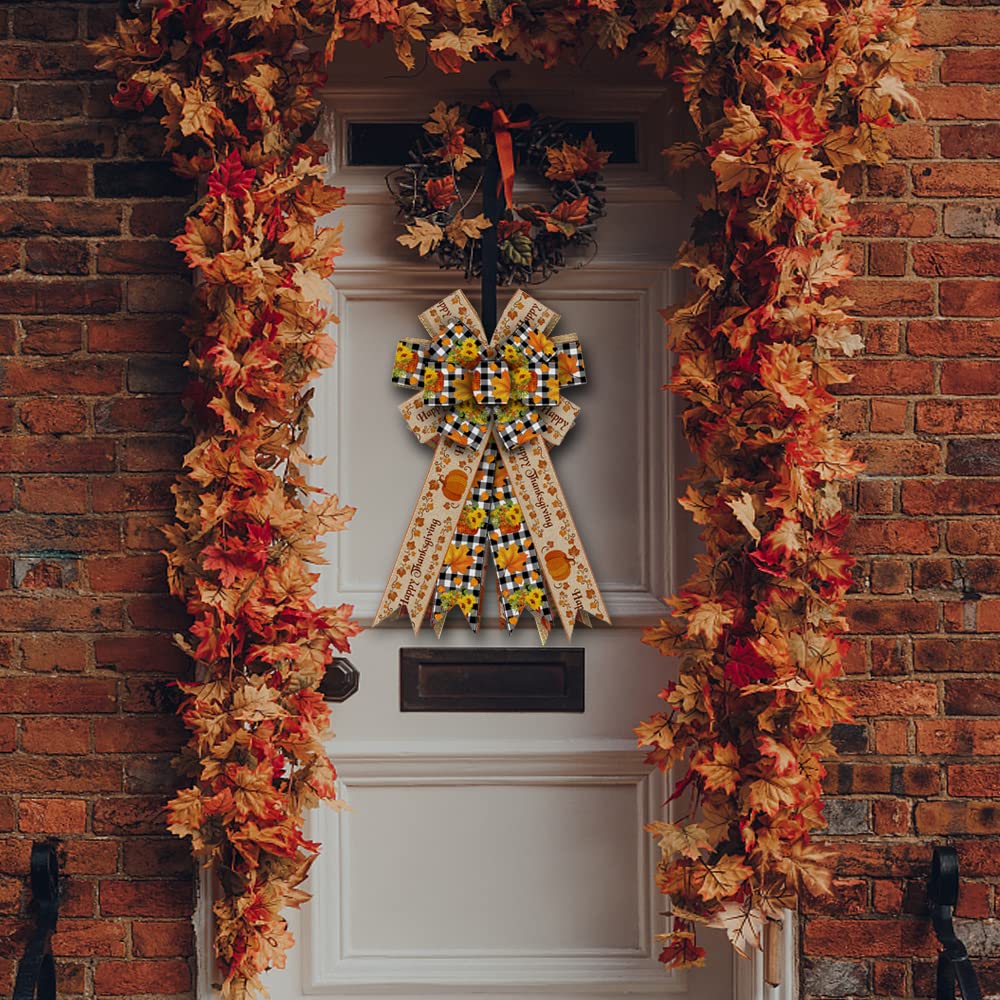 Large Fall Wreath Bows - Thanksgiving Decorations with Pumpkin Words & Buffalo Plaid Burlap - Perfect for Wreaths, Tree Toppers, and Indoor/Outdoor Home Decor - Festive Autumn & Thanksgiving Ornament Supplies