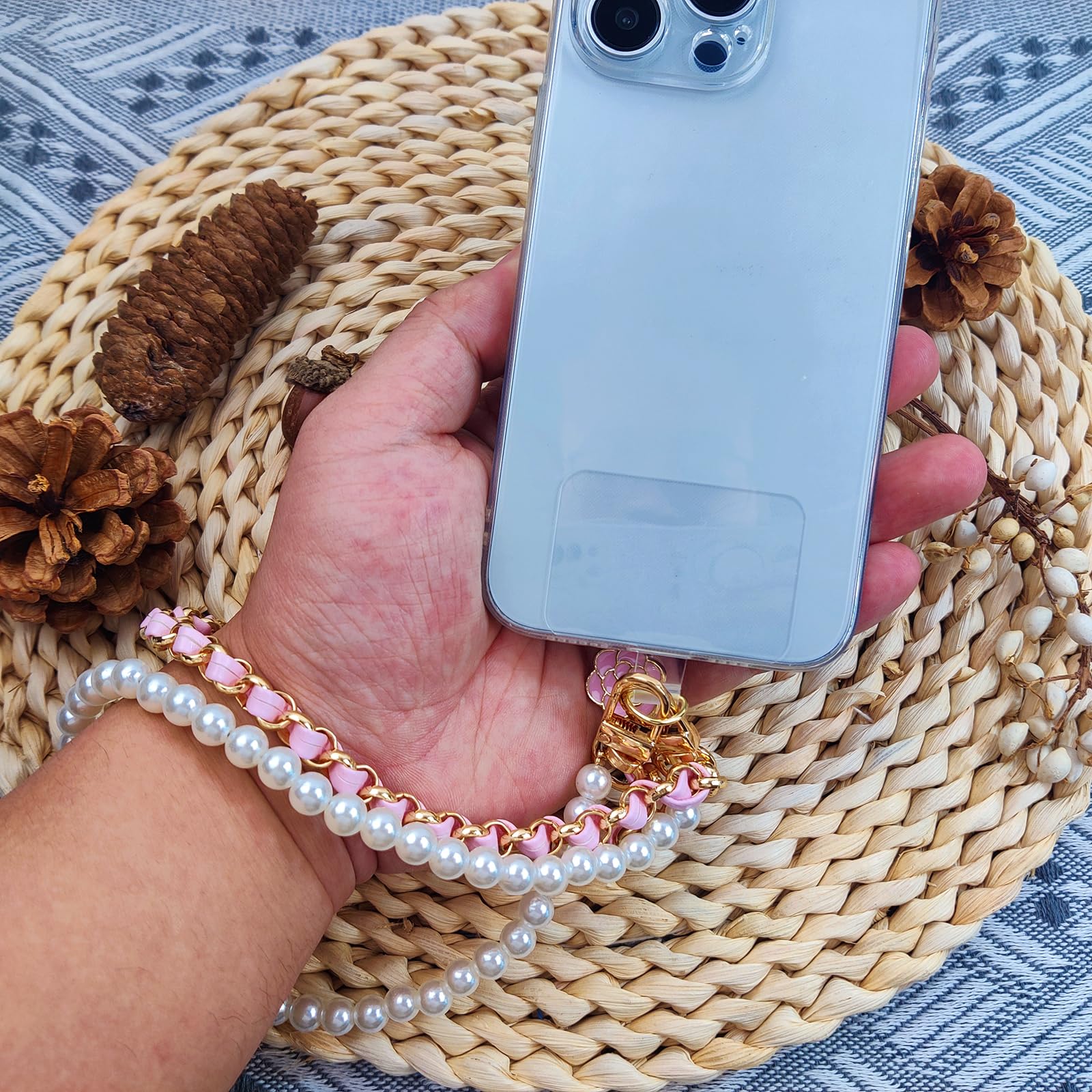 Anti-Lost Phone Wrist Strap with Pearl Beads - Double Chain Phone Lanyard for Smartphones, Keychains, Wallets & Cameras - Perfect for Work, Travel and Outdoor Activities