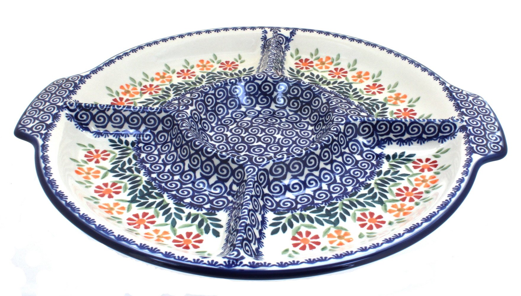 Handmade Blue Rose Polish Pottery Chip and Dip Serving Plate - Elegant Floral Design for Garden Parties, Picnics & Home Decor