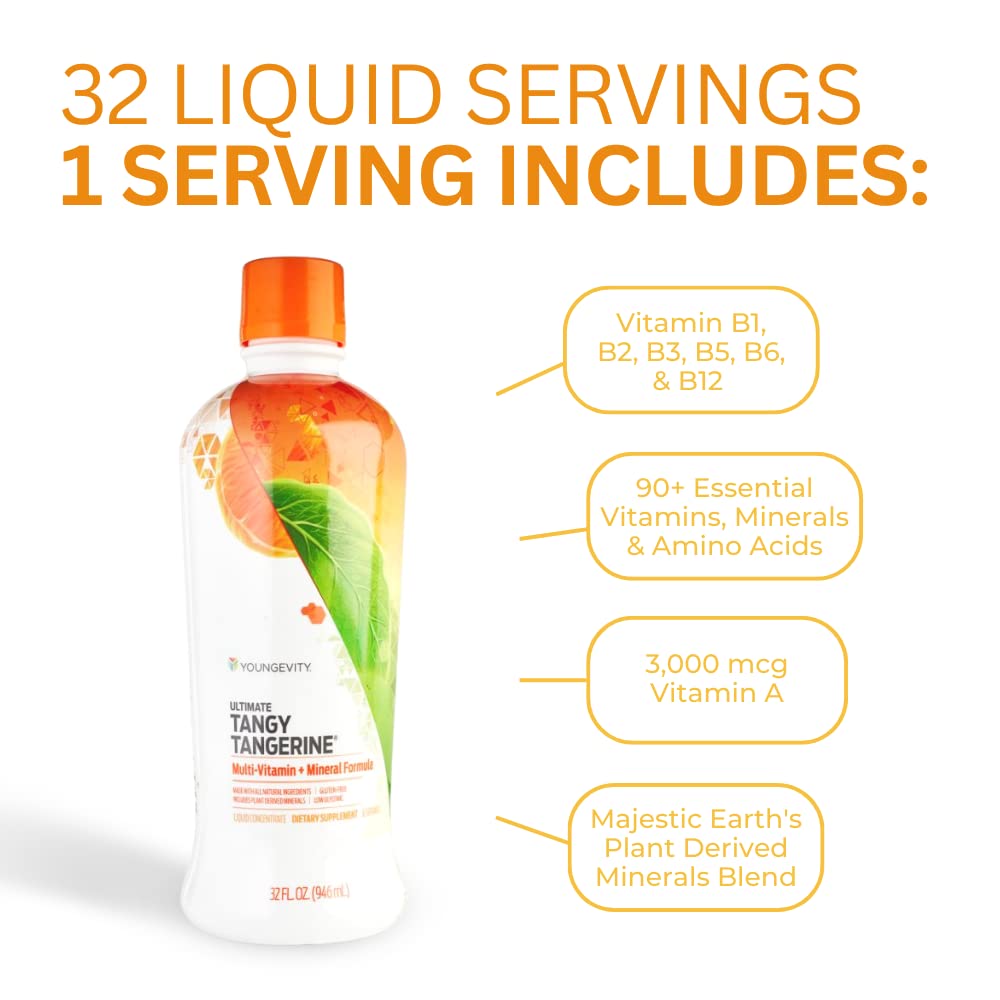 Youngevity Majestic Earth Ultimate Tangy Tangerine Liquid Multivitamin - 32 FL Oz Gluten-Free Nutritional Drink for Men & Women, Kids Daily Immune Support - Boost Energy & Health with Complete Vitamins | Perfect for Busy Professionals, Active Families & Immune System Maintenance
