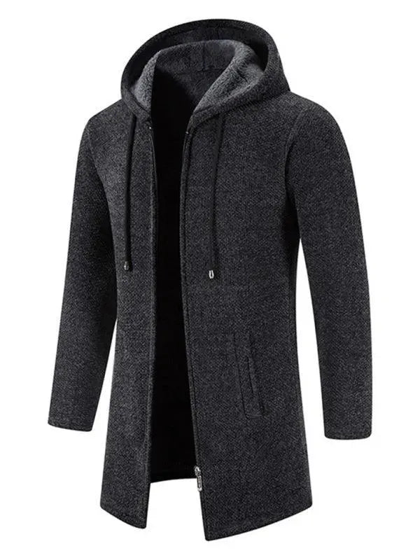 Men's Long Hooded Zipper Cardigan Sweater - Warm Fleece Lined Pullover for Casual Wear & Outdoor Activities
