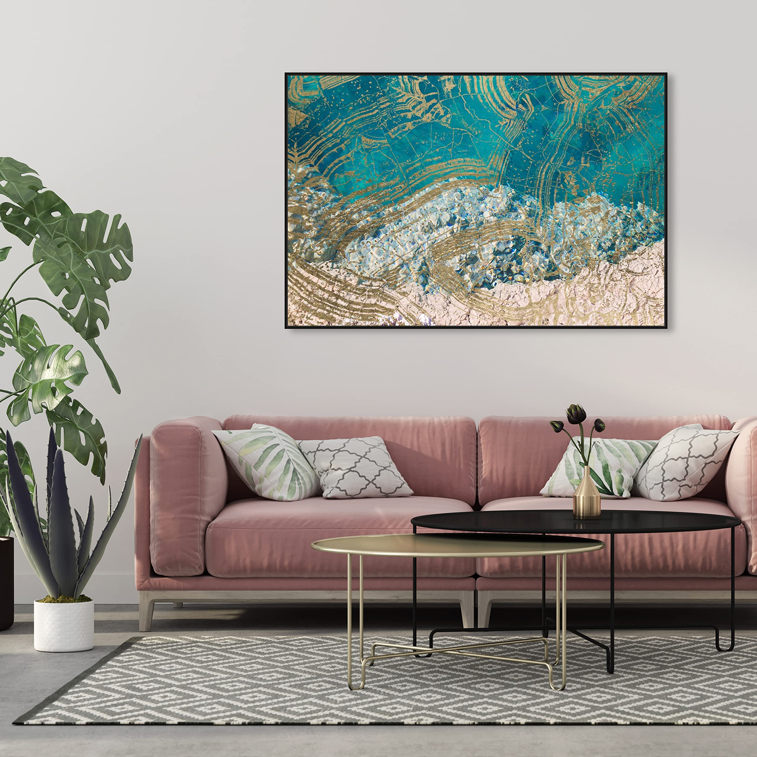 Abstract Wall Art Canvas Prints 'Salt Water' Textures - 54x36 Inches, Blue & Gold - Modern Coastal Decor for Living Room, Bedroom & Office