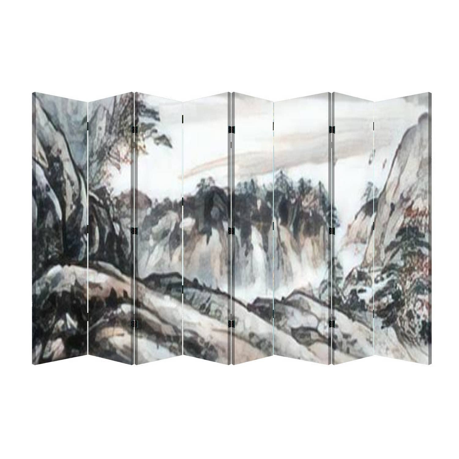 Traditional Chinese Ink Wash Landscape Painting Freestanding Room Divider - 8-Panel Foldable Privacy Screen for Home, Office & Studio - Canvas Partition Wall Separator for Living Room, Bedroom & Workspace