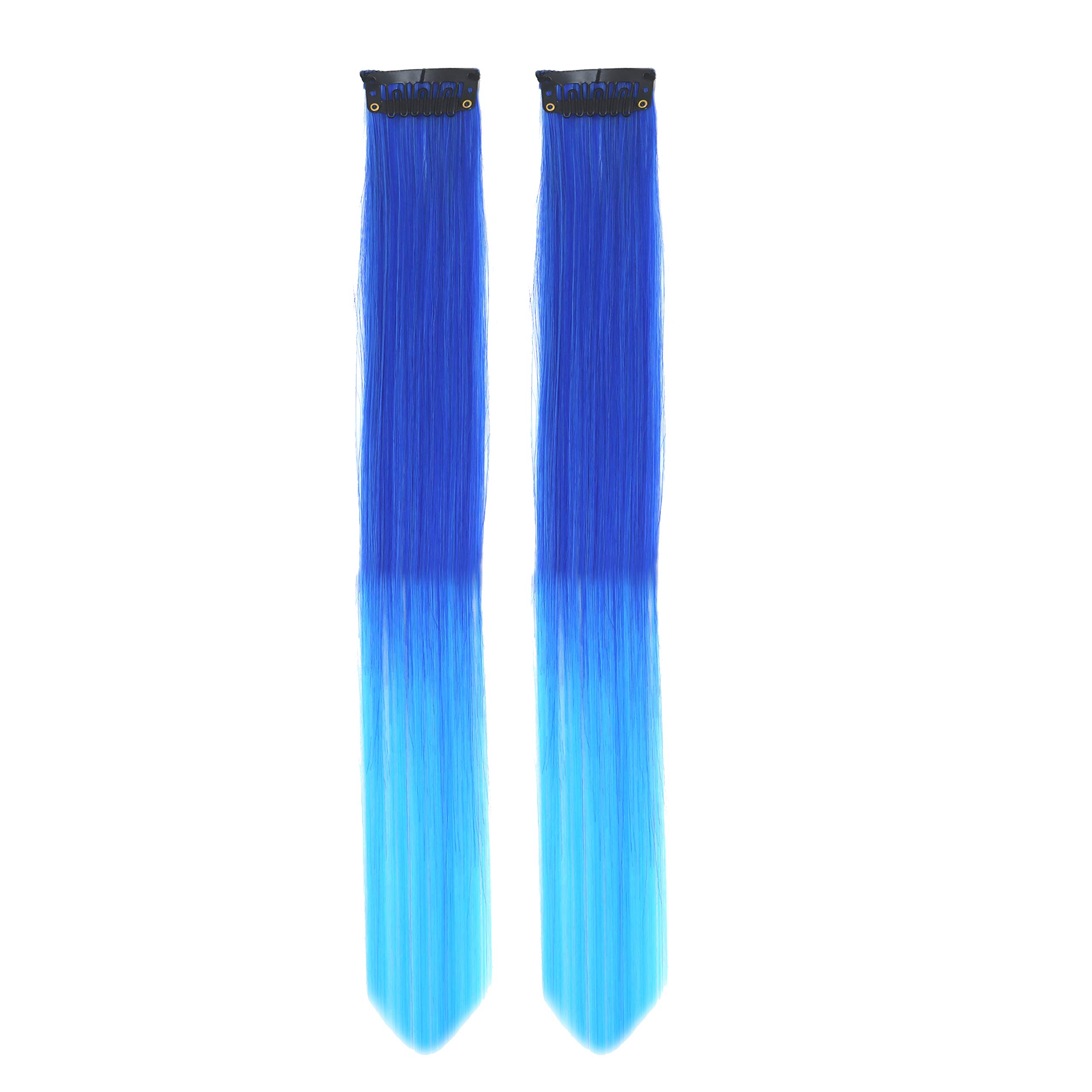 Rapidsflow® Double Shade Colored Hair Extensions for Women - 2PC Straight Real Human Hair Highlights in Royal Blue & Sky Blue | Perfect for Parties, Cosplay, and Daily Styling