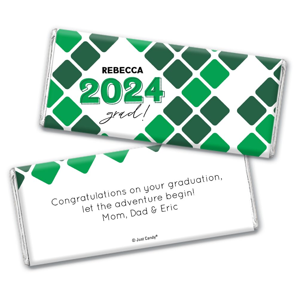 Personalized Graduation Chocolate Bars 2024 - 36 Count Bulk Candy for Parties, Favors & Celebrations - Green Custom Wrappers for Commencement Gifts & School Events
