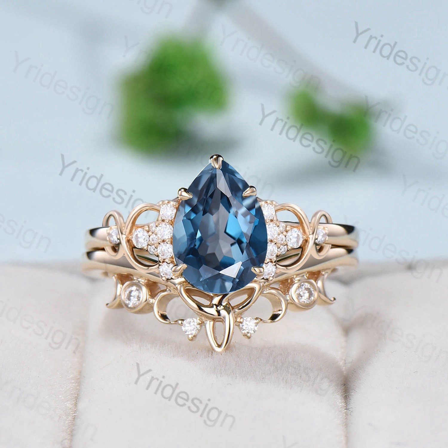 Celtic Love London Blue Topaz Engagement Ring Set – Pear Shaped Topaz & Diamond Wedding Ring – Norse Viking Cluster Moissanite Knot Bridal Jewelry for Women | Perfect for Weddings, Anniversaries & Romantic Gifts