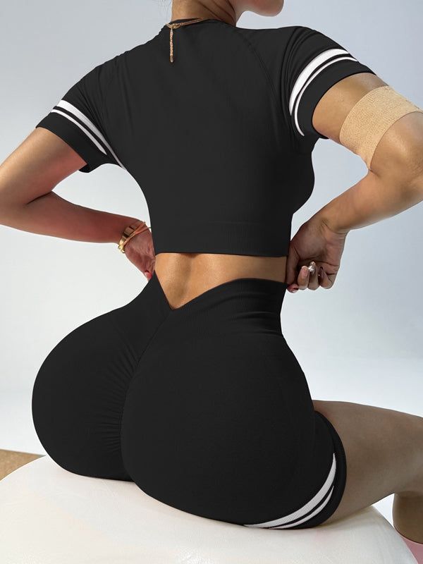 ZASUWA Women's Striped Deep V-Neck Backless Short Tracksuit Set - Gym Workout, Yoga, Running & Lounge Wear
