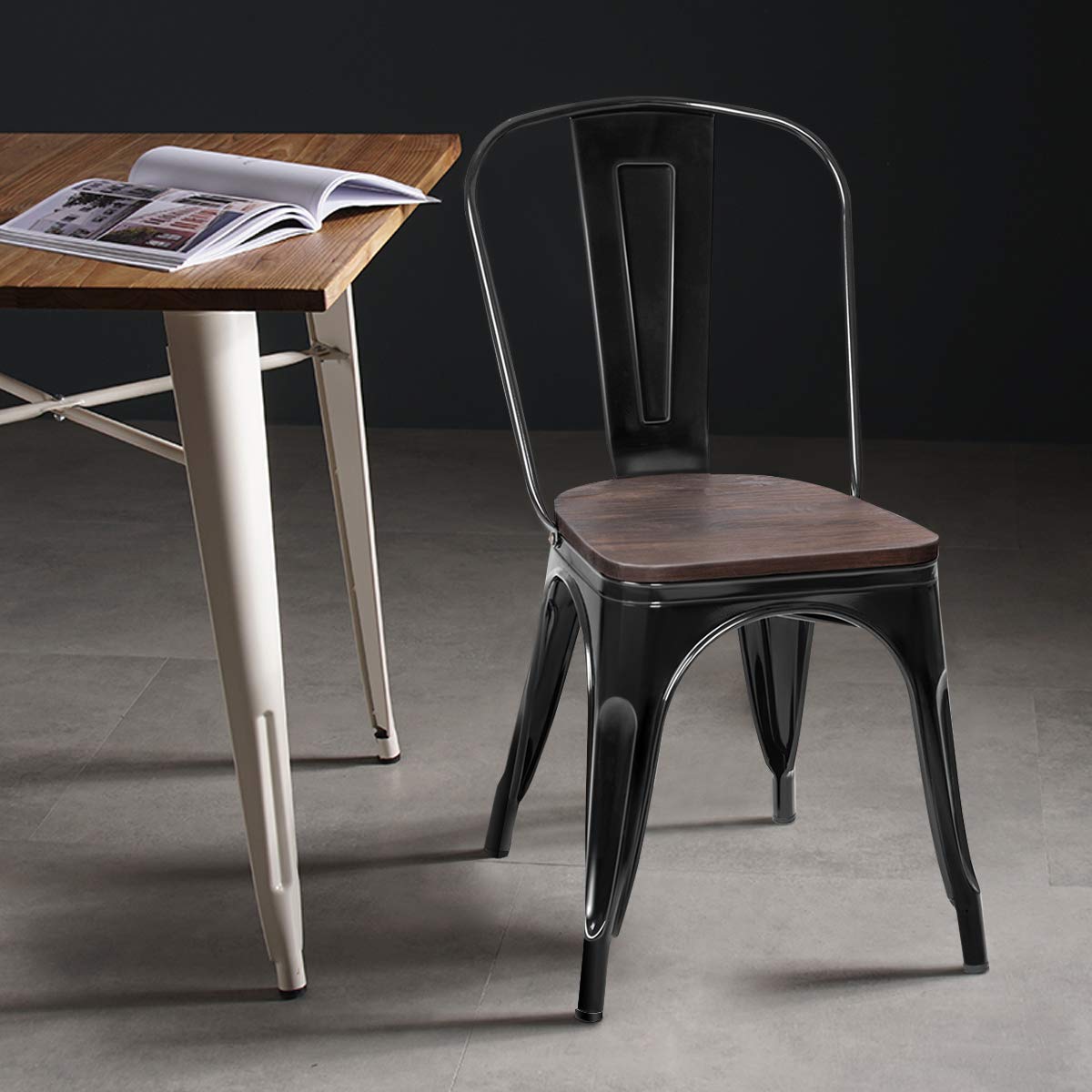 GOFLAME Set of 4 Metal Dining Chairs with Wood Seat - Tolix Style Stackable Bistro Chairs for Indoor & Outdoor Use - High Back Cafe Side Chairs for Restaurant, Living Room, Patio & Kitchen (Black)