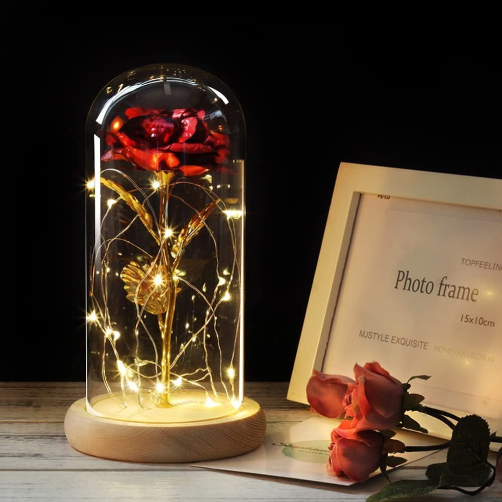 YABAA 6-Color Beauty and The Beast LED Rose Lamp in Glass Dome with Wooden Base - Romantic Valentine's Day Gift, Christmas Decoration, Home Decor for Bedroom & Living Room