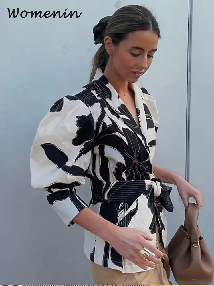 Elegant Vintage Floral Print Blouse for Women - Slim Fit Lapel Puff Sleeve Shirt for Spring Summer | Office Wear & Street Fashion