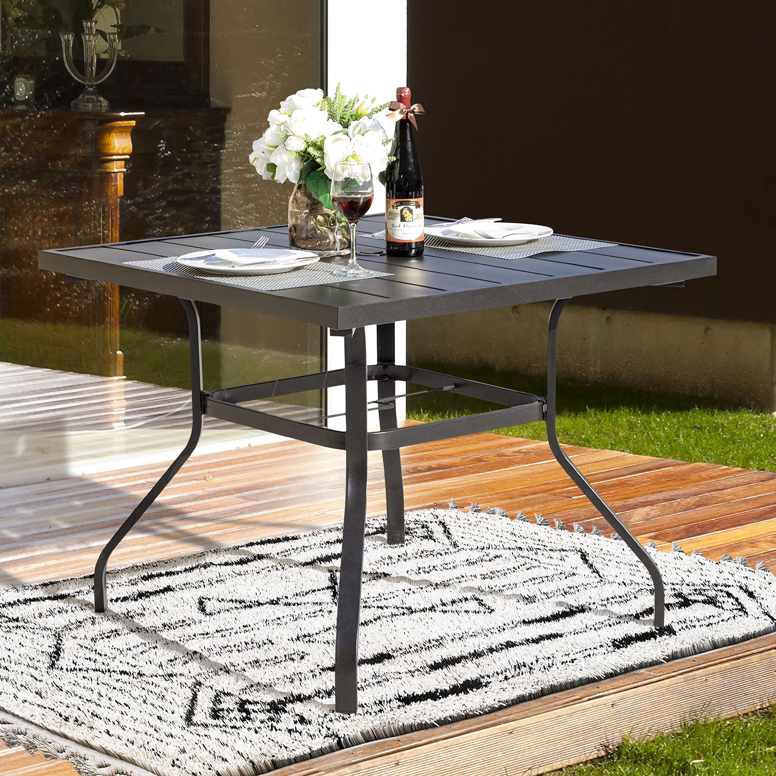 NUU GARDEN 37 Inch Square Outdoor Dining Table for 4 - Steel Slat Patio Table with Umbrella Hole | Powder Coated Iron Frame | Perfect for Garden, Balcony, Backyard & Poolside Gatherings