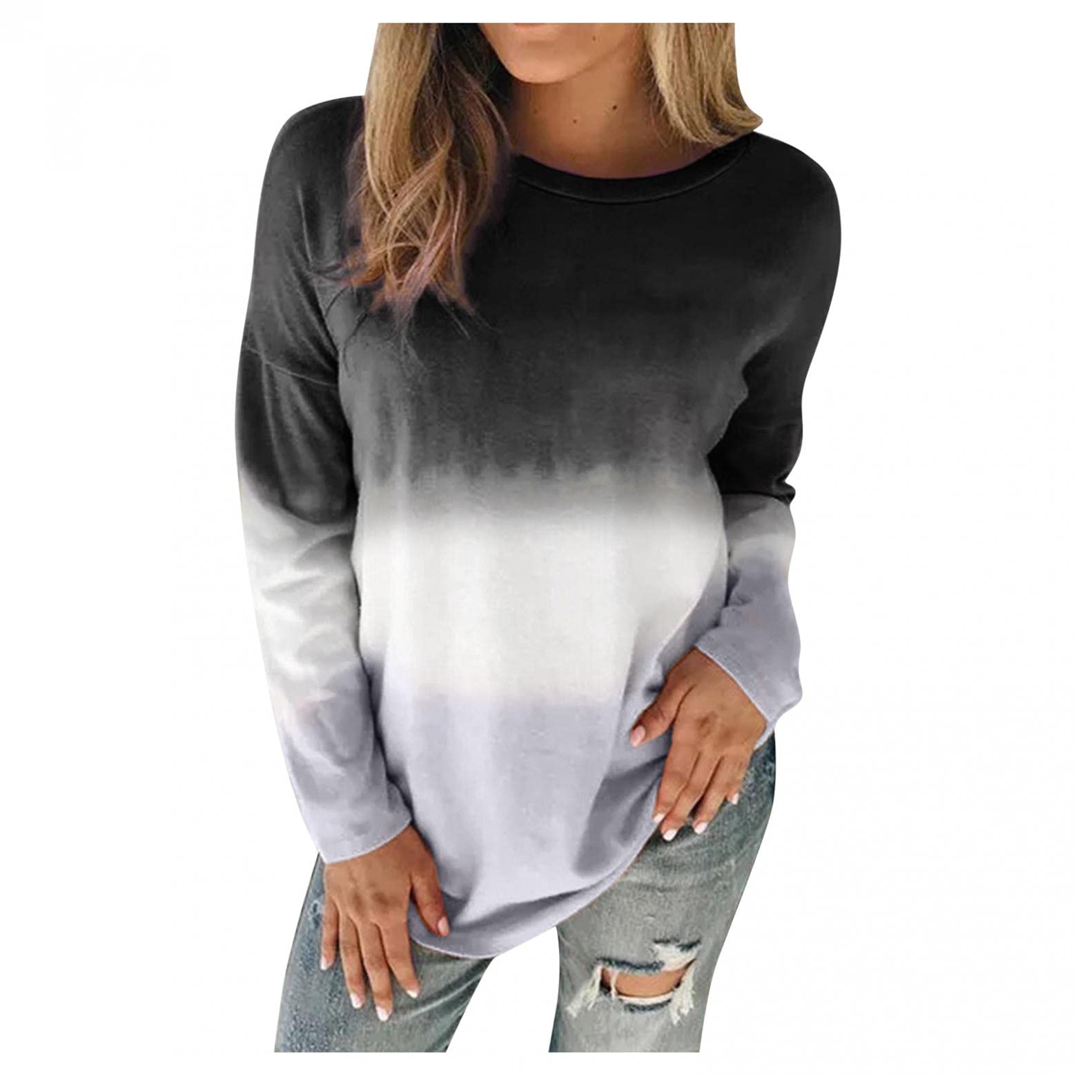 POTO Women's Long Sleeve Tie Dye Tunic Top - Round Neck Pullover Blouse for Casual Comfort | Perfect for Everyday Wear, Office Outfits & Weekend Relaxation