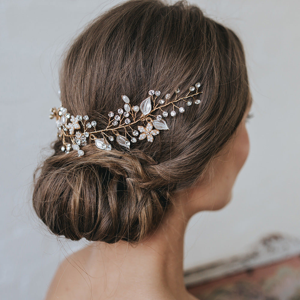Fleur Pearl Blossom and Buds Gold Hair Vine Headband - Elegant Floral Hair Accessory for Weddings, Parties & Special Occasions