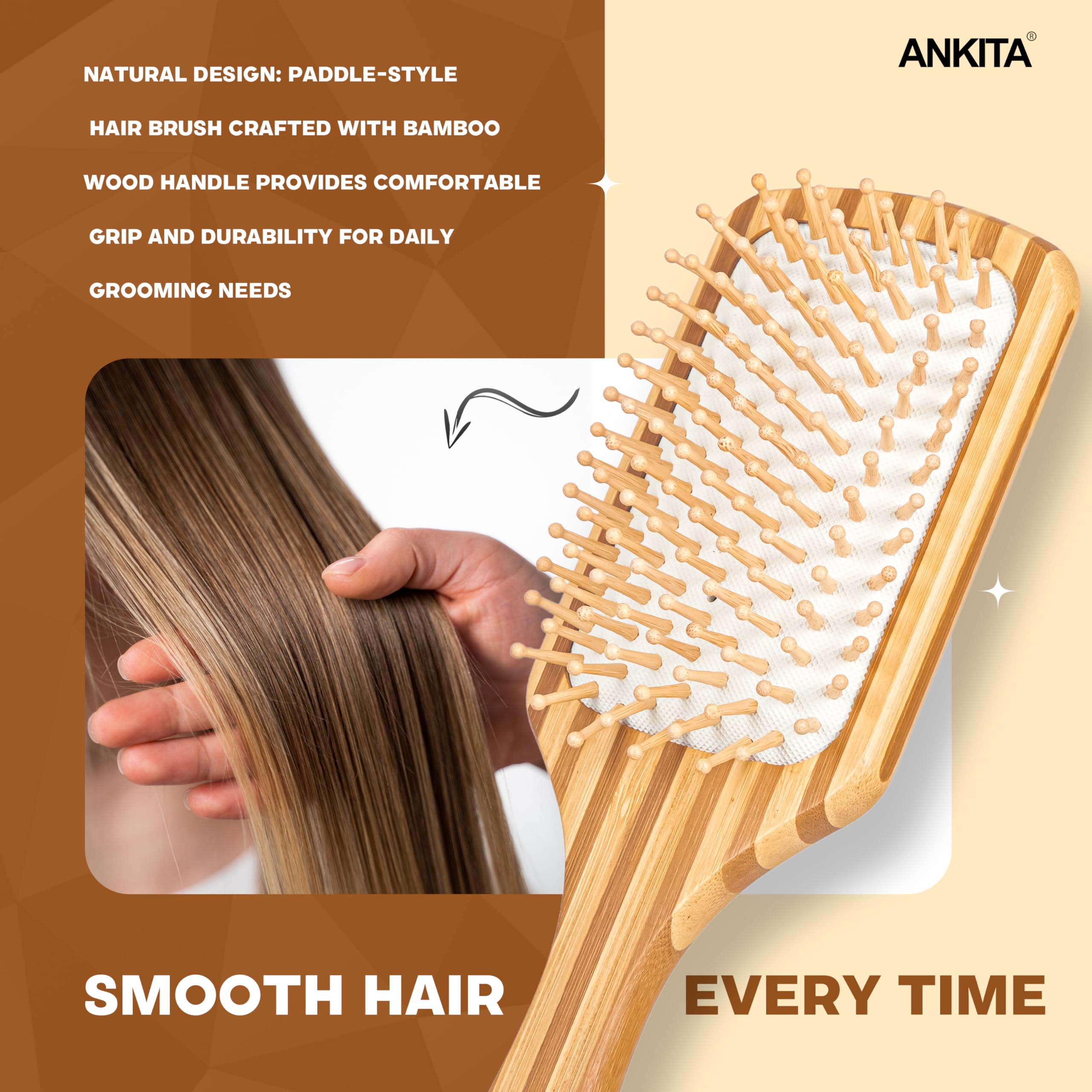 Ankita Bamboo Wood Paddle Hair Brush with Natural Bamboo Bristles - Gentle Detangling & Smoothing Hair Brush for Men & Women - Perfect for Daily Hair Care, Styling & Scalp Massage at Home or Travel