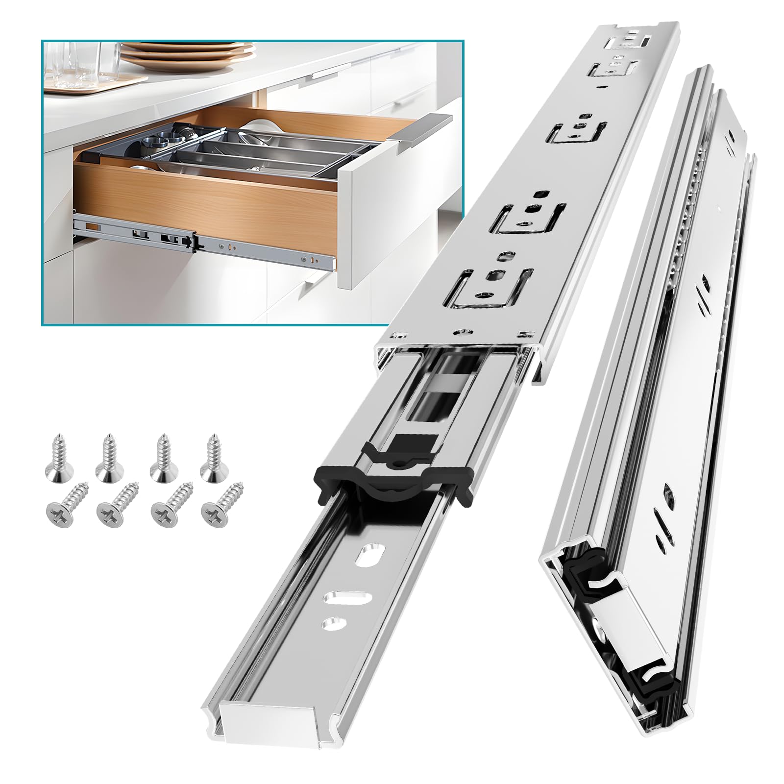 Heavy Duty Full Extension Drawer Slides 8-24 Inch 100LB Load Capacity Ball Bearing Side Mount Drawer Runners for Kitchen Cabinets, Dressers, File Cabinets & Trash Cans - Silver Metal Glide Hardware
