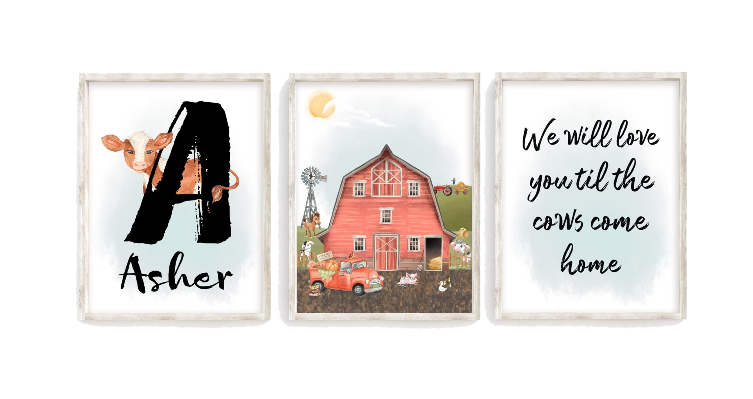 Personalized Farm Cow Nursery Decor Set of 3 Unframed Farmhouse Prints - We Will Love You Till The Cows Come Home - Perfect for Baby Shower Gifts, Kids Room Wall Art & Farmhouse Themed Nursery Decor