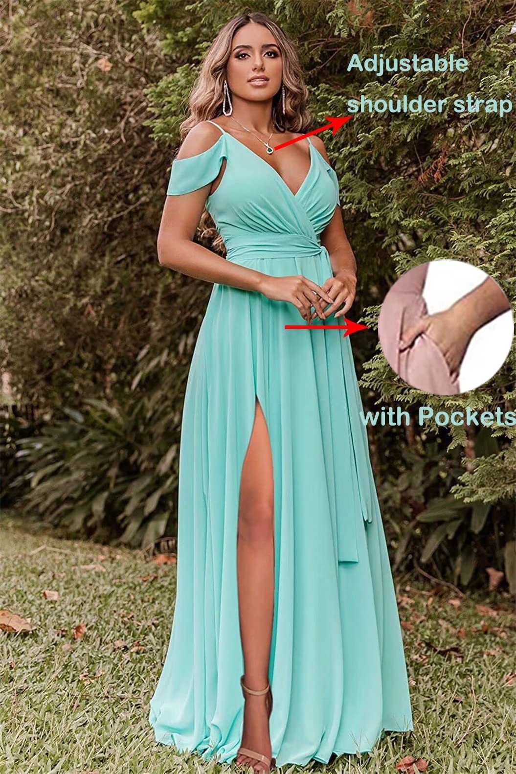 Plus Size Wedding Bridesmaid Dresses 2023 - Sage Green Long Off-The-Shoulder Chiffon V-Neck Pleated Formal Evening Gown for Women | CO18-16W | Perfect for Weddings, Proms & Special Occasions