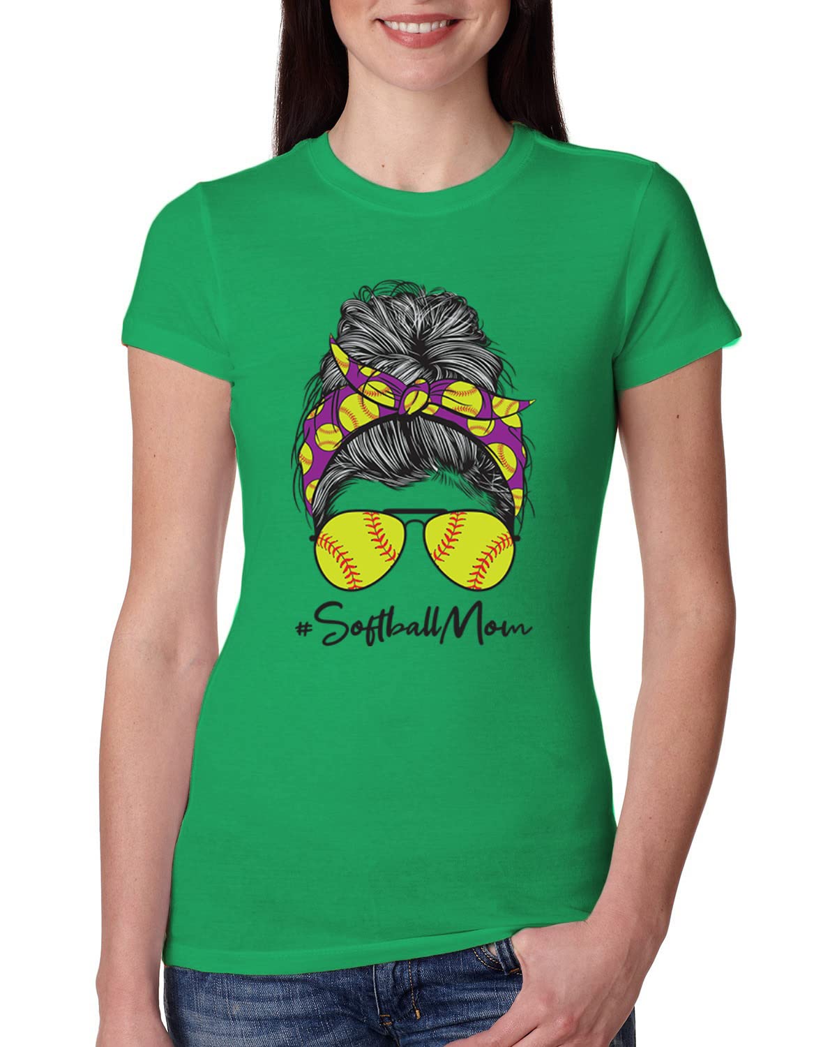 Softball Mom T-Shirt - Messy Bun Game Day Tee for Women | Slim Fit Junior Baseball Mom Shirt - Perfect for Mother's Day, Sports Lovers & Team Spirit (Great for Games, Practice & Casual Wear)