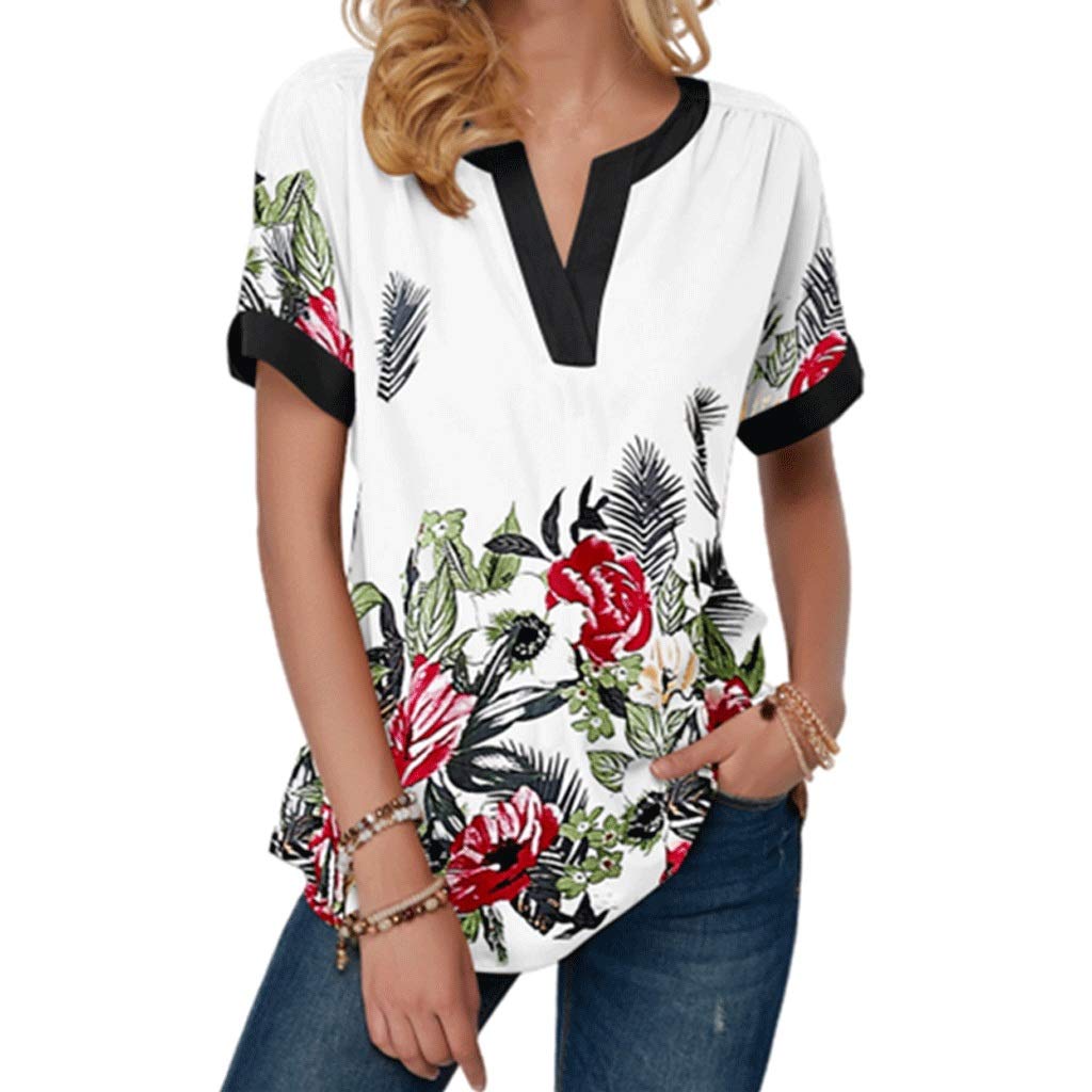 Elegant Floral Print Women's Summer T-Shirt - Short Sleeve Notch Neck Blouse with Contrast Piping (Size 5XL, Color B) | Casual Outfit, Beach Wear, Vacation Style