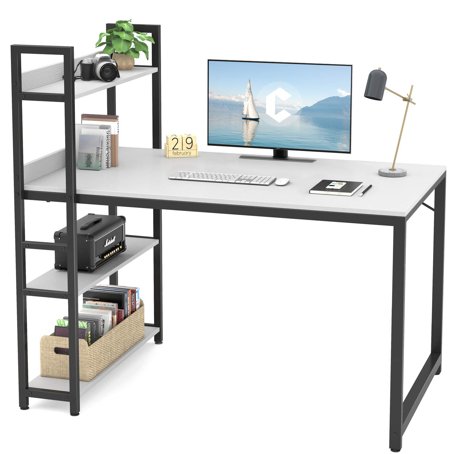 Cubicubi 47 Inch Modern Computer Desk with Storage Shelves, Study Writing Table for Home Office - Simple White Design, Perfect for Small Spaces & Remote Work