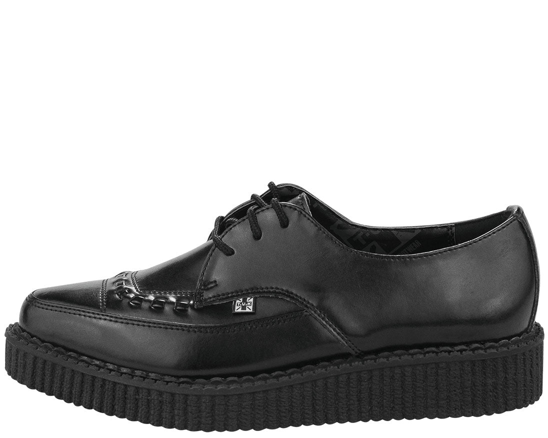 T.U.K Most Basic Black Leather Tie Pointed Creeper Shoes for Women - Gothic Punk Rock Fashion Footwear for Concerts, Clubbing & Alternative Style