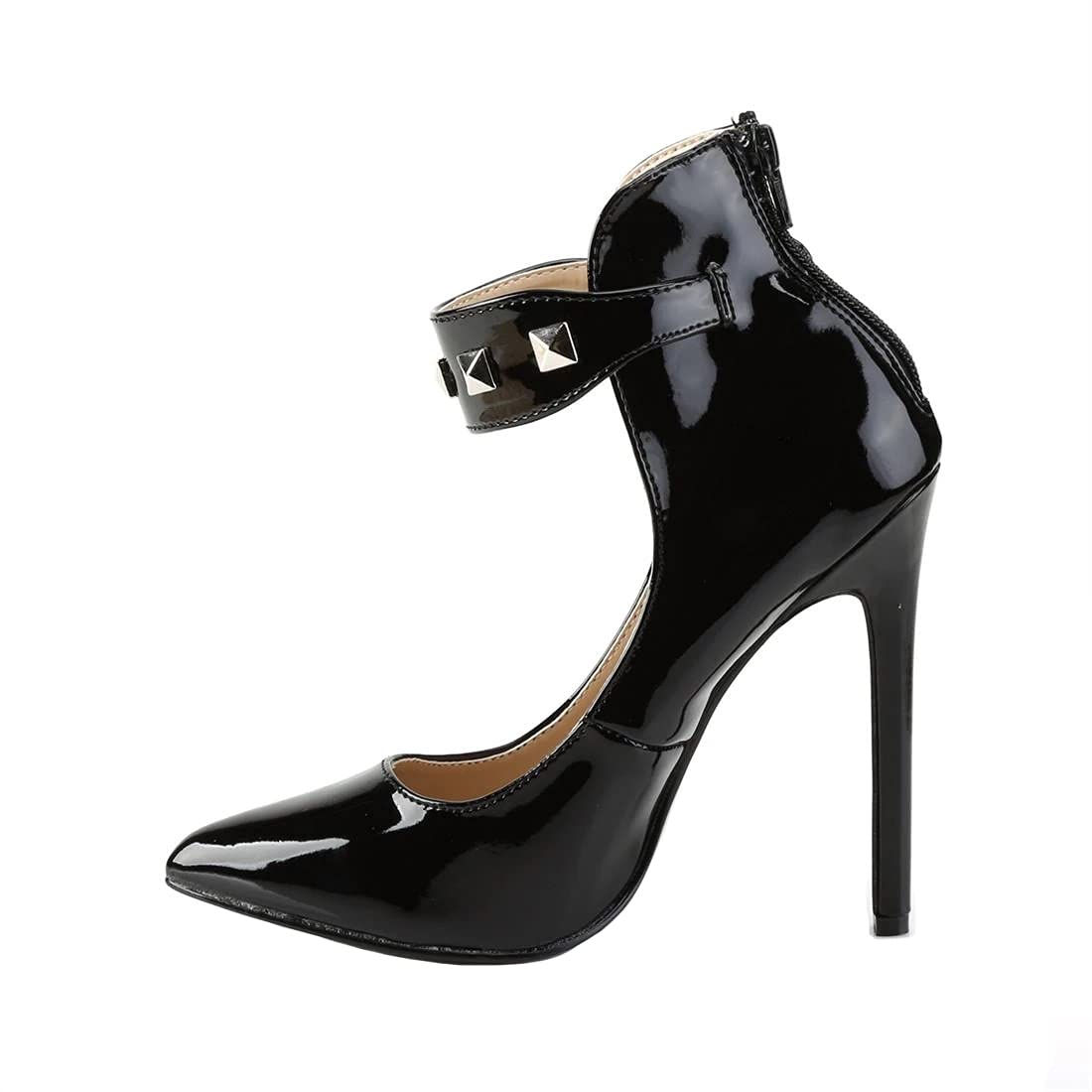 5.12 Inch Women's Elegant Pointed Toe Stiletto Heels - Sexy Ankle Buckle Pumps with Rivets for Party, Nightclub & Pole Dancing (Black, Size 13) | Perfect for Evening Events, Date Nights & Professional Performances