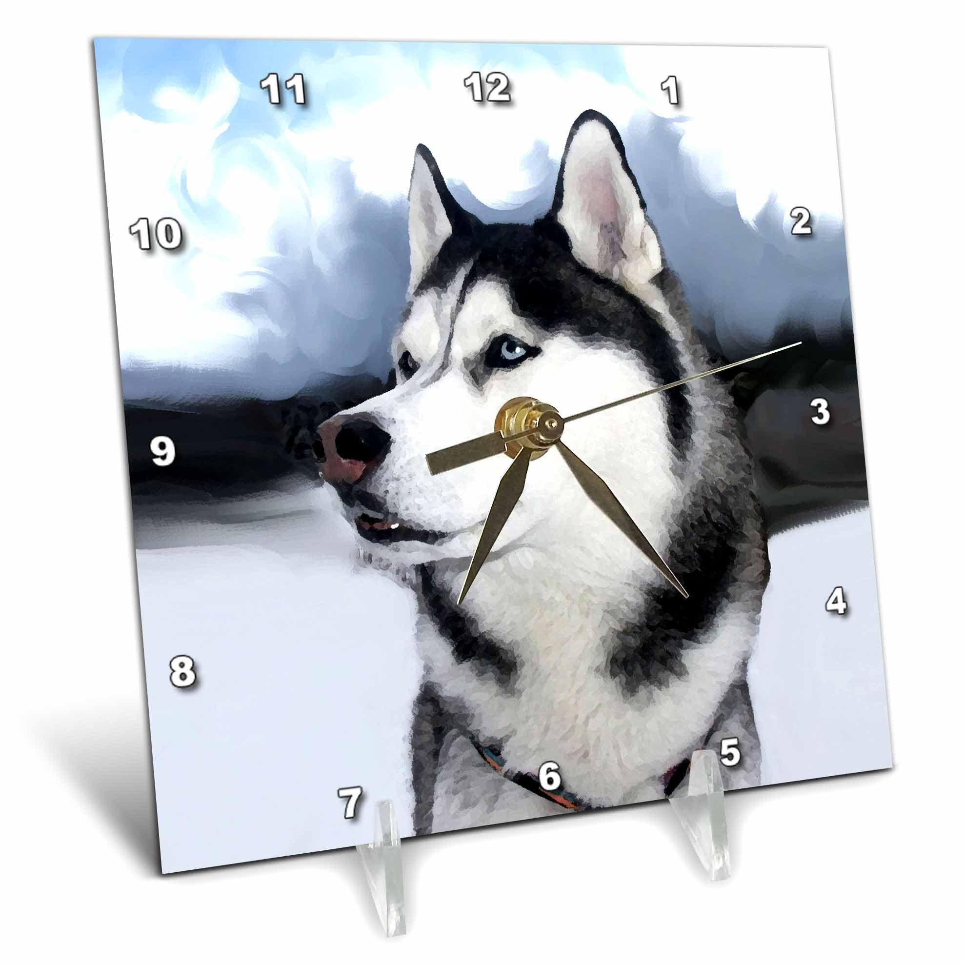 3D Rose Siberian Husky Dog Lover Desk Clock - 6 x 6 Inch Wooden Wall or Table Clock - Perfect Gift for Pet Owners, Home Office Decor, and Animal Themed Room Accessories