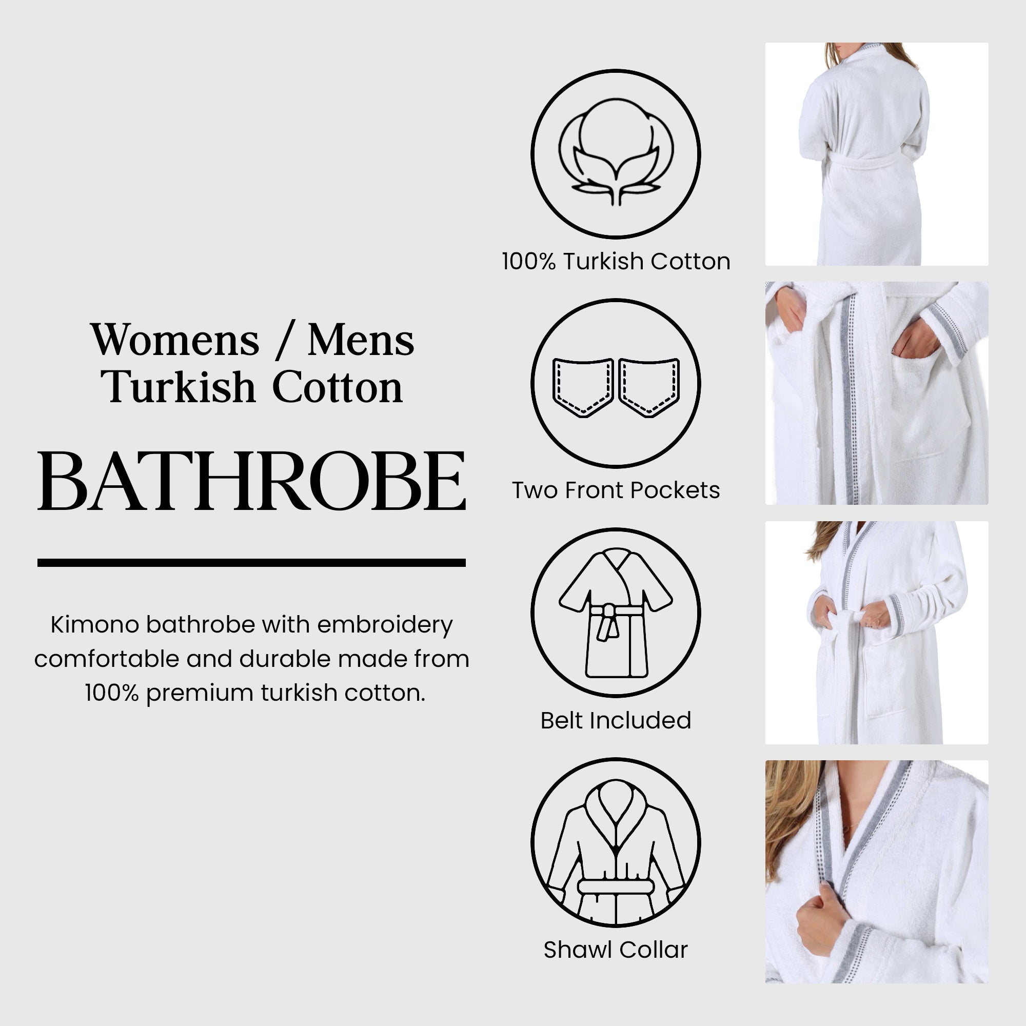 Unisex Cotton Terry Kimono Bathrobe with Embroidery - Soft & Absorbent for Spa, Beach & Home Relaxation
