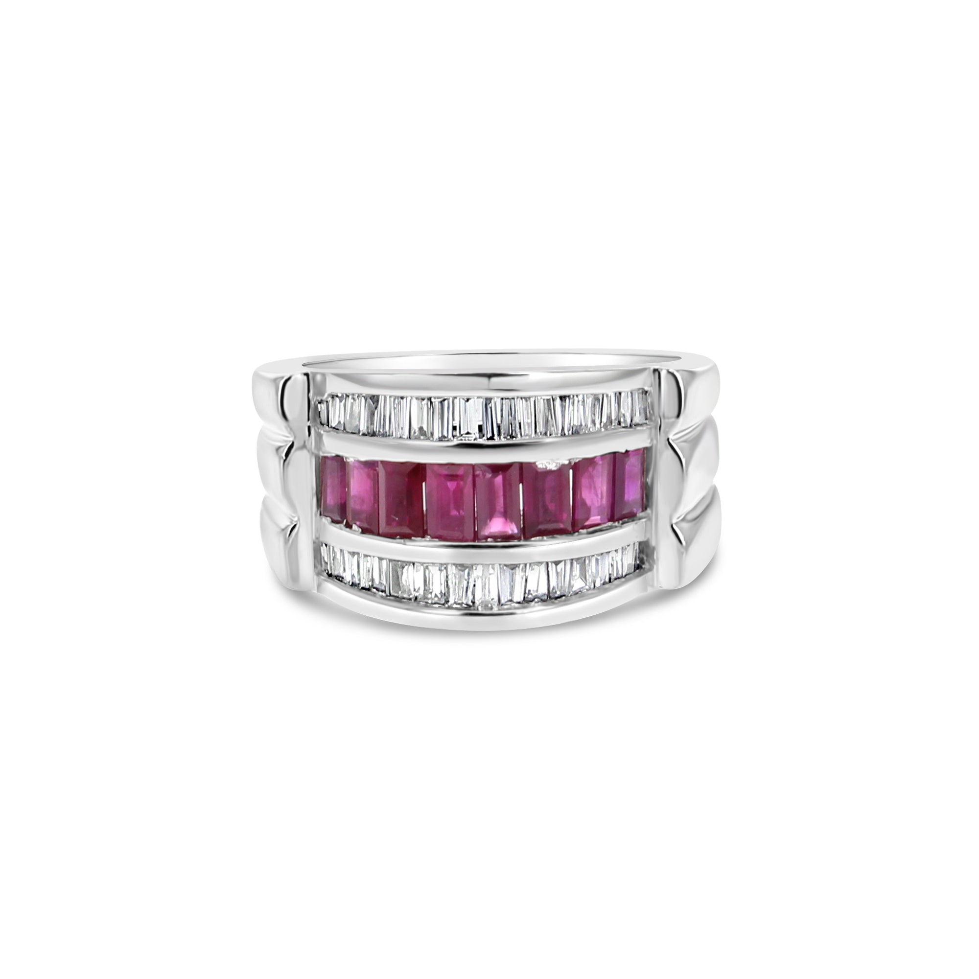2.00cttw Ruby & Diamond Baguette Cocktail Ring in 14k White Gold - Elegant Jewelry for Evening Parties, Weddings & Special Occasions