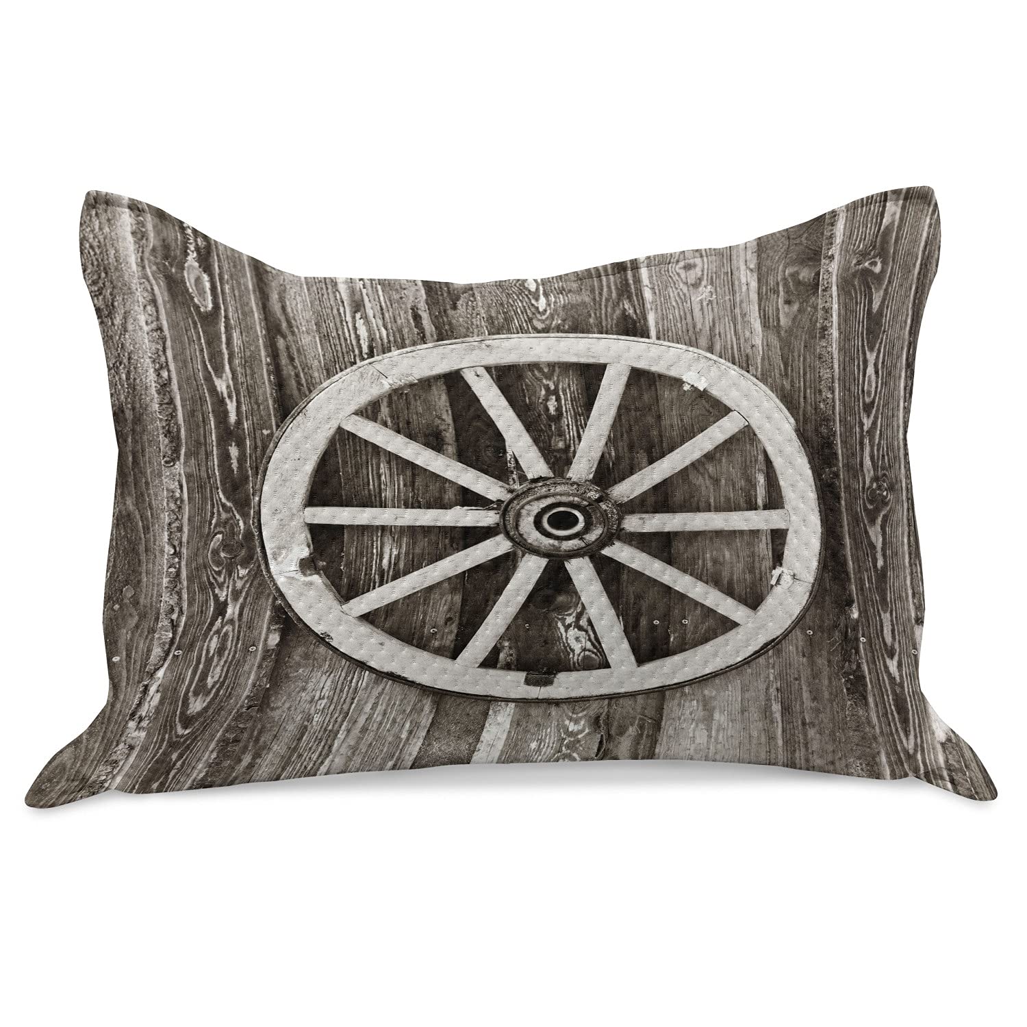 Ambesonne Vintage Barn Wood Wagon Wheel Knitted Quilt Pillow Cover - Dark Brown & White Retro Farmhouse Decor, 36x20 Inch King Size Pillowcase for Bedroom, Living Room, or Cabin Decor
